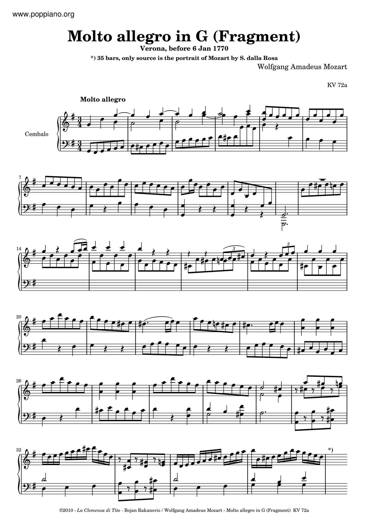 Allegro In G Major, K. 72Aピアノ譜