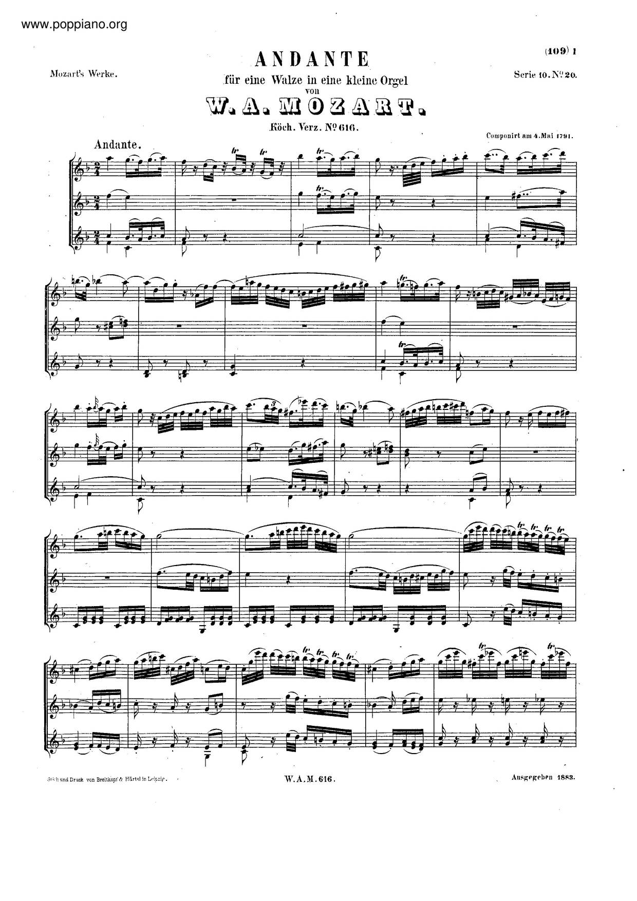 Andante In F Major, K. 616琴谱