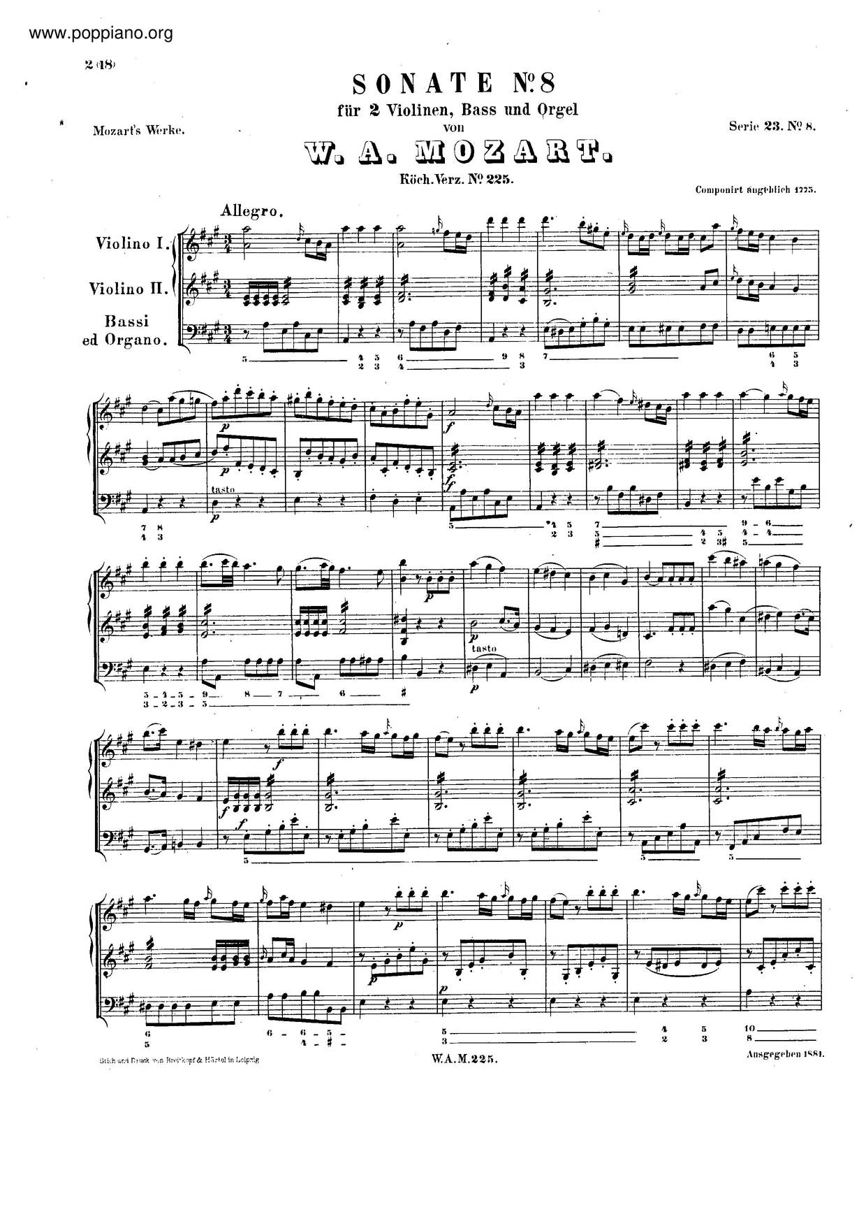 Church Sonata In A Major, K. 225/241B Score