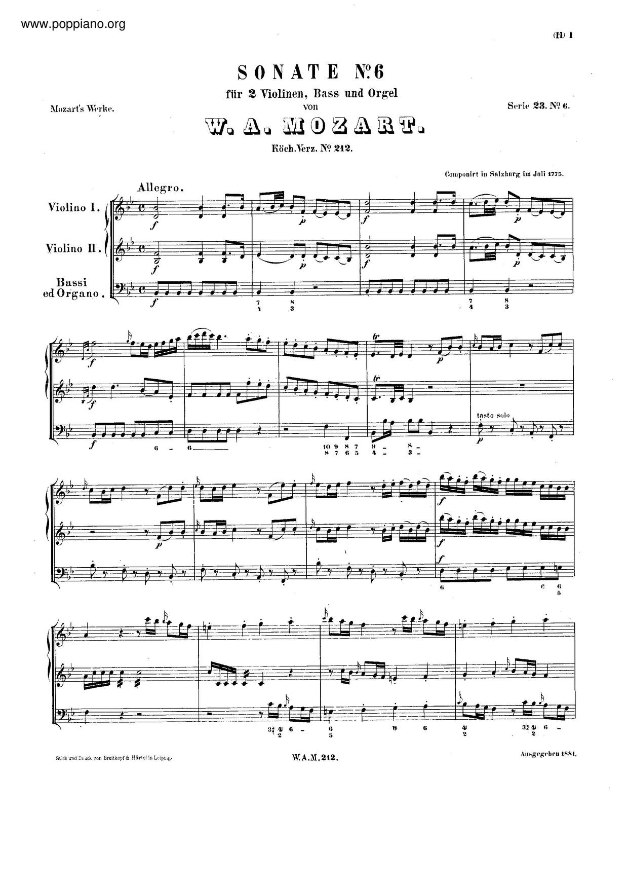 Church Sonata In B-Flat Major, K. 212琴谱