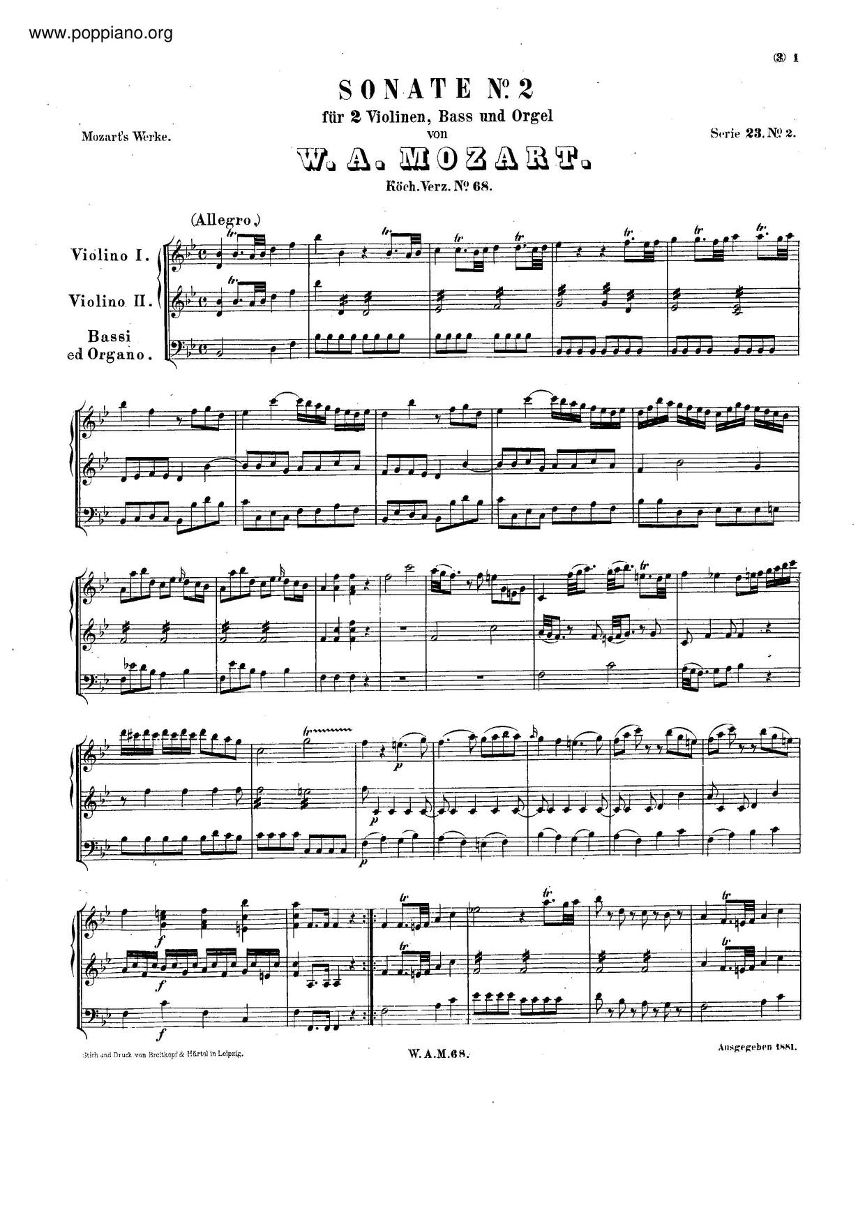 Church Sonata In B-Flat Major, K. 68/41I Score