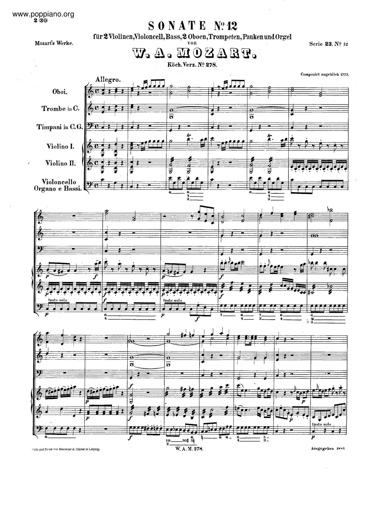 Church Sonata In C Major, K. 278/271E Score