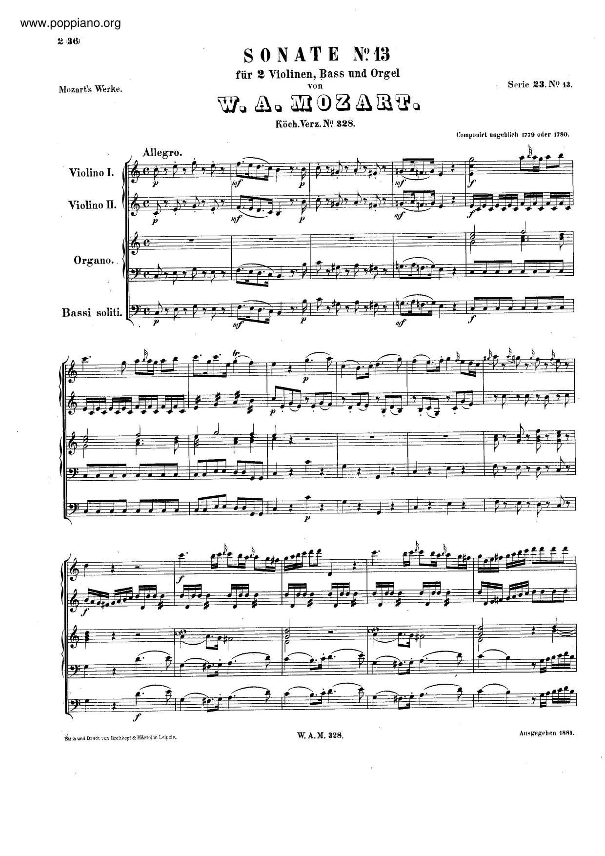 Church Sonata In C Major, K. 328/317Cピアノ譜