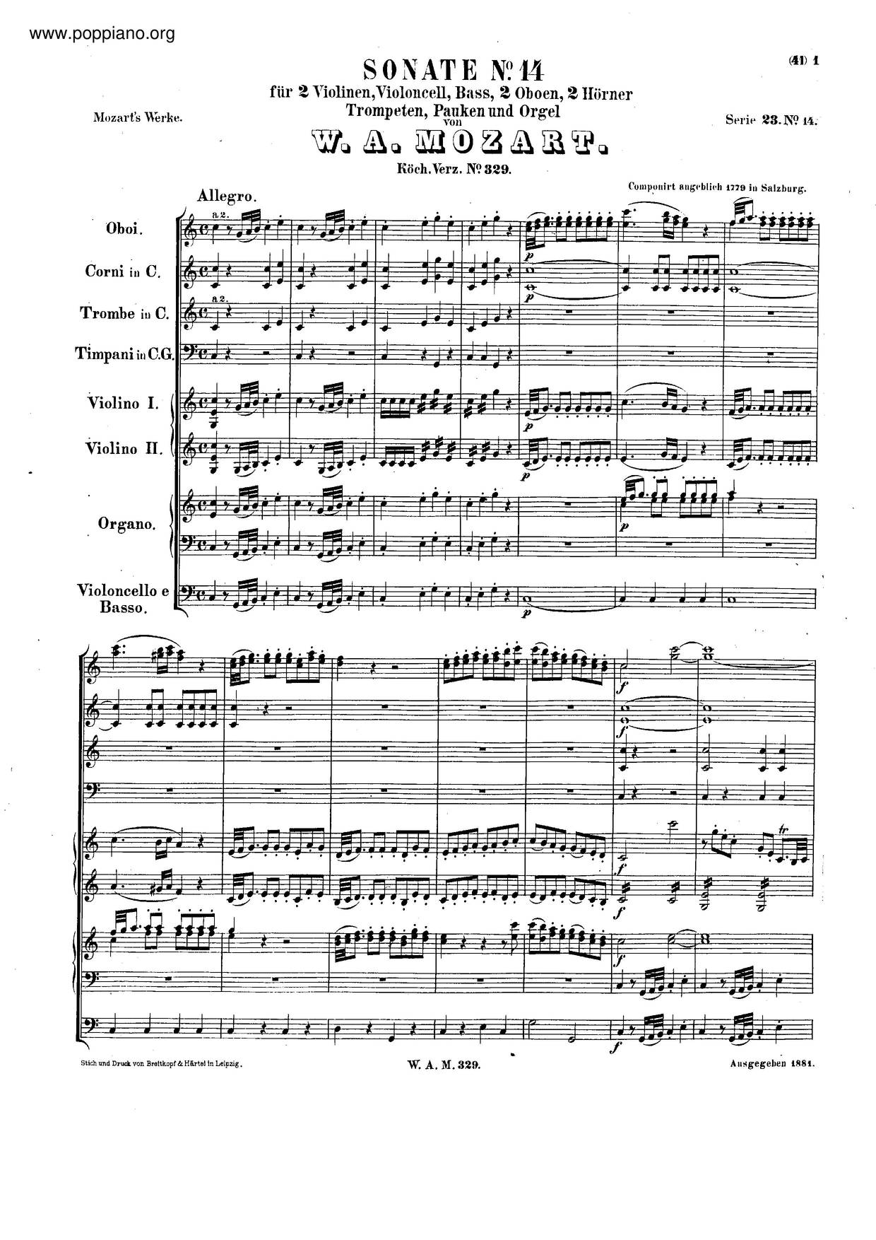 Church Sonata In C Major, K. 329/317A琴谱