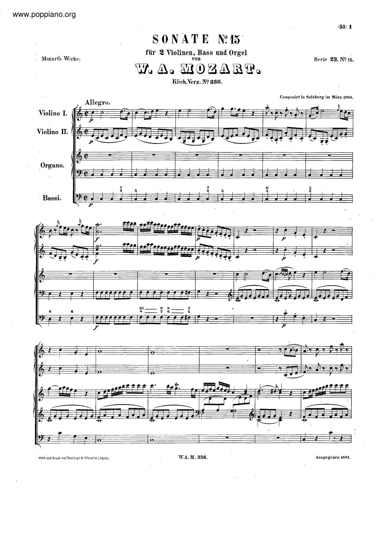Church Sonata In C Major, K. 336/336Dピアノ譜