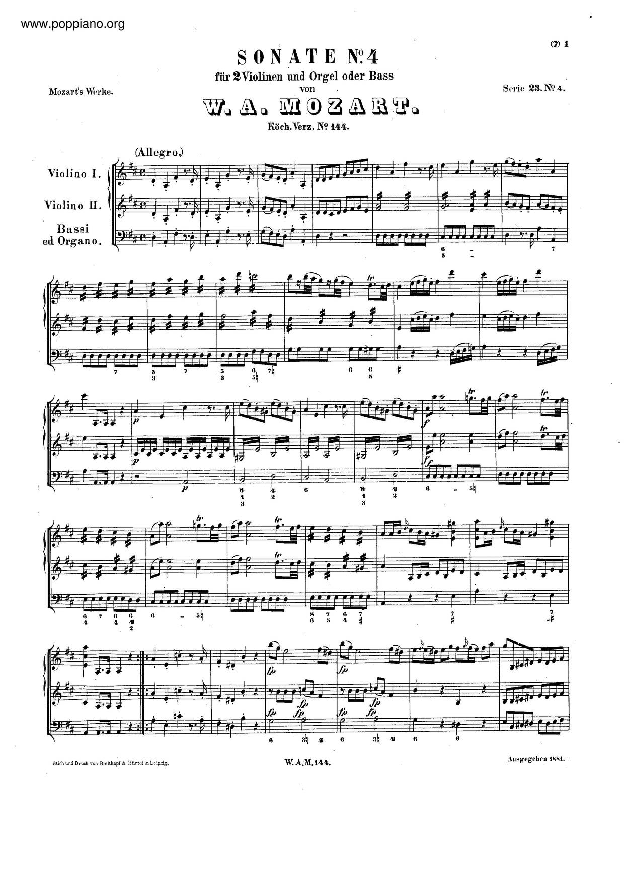 Church Sonata In D Major, K. 144/124A Score