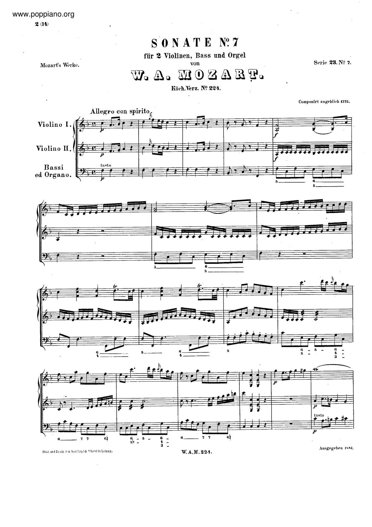 Church Sonata In F Major, K. 224/241A Score