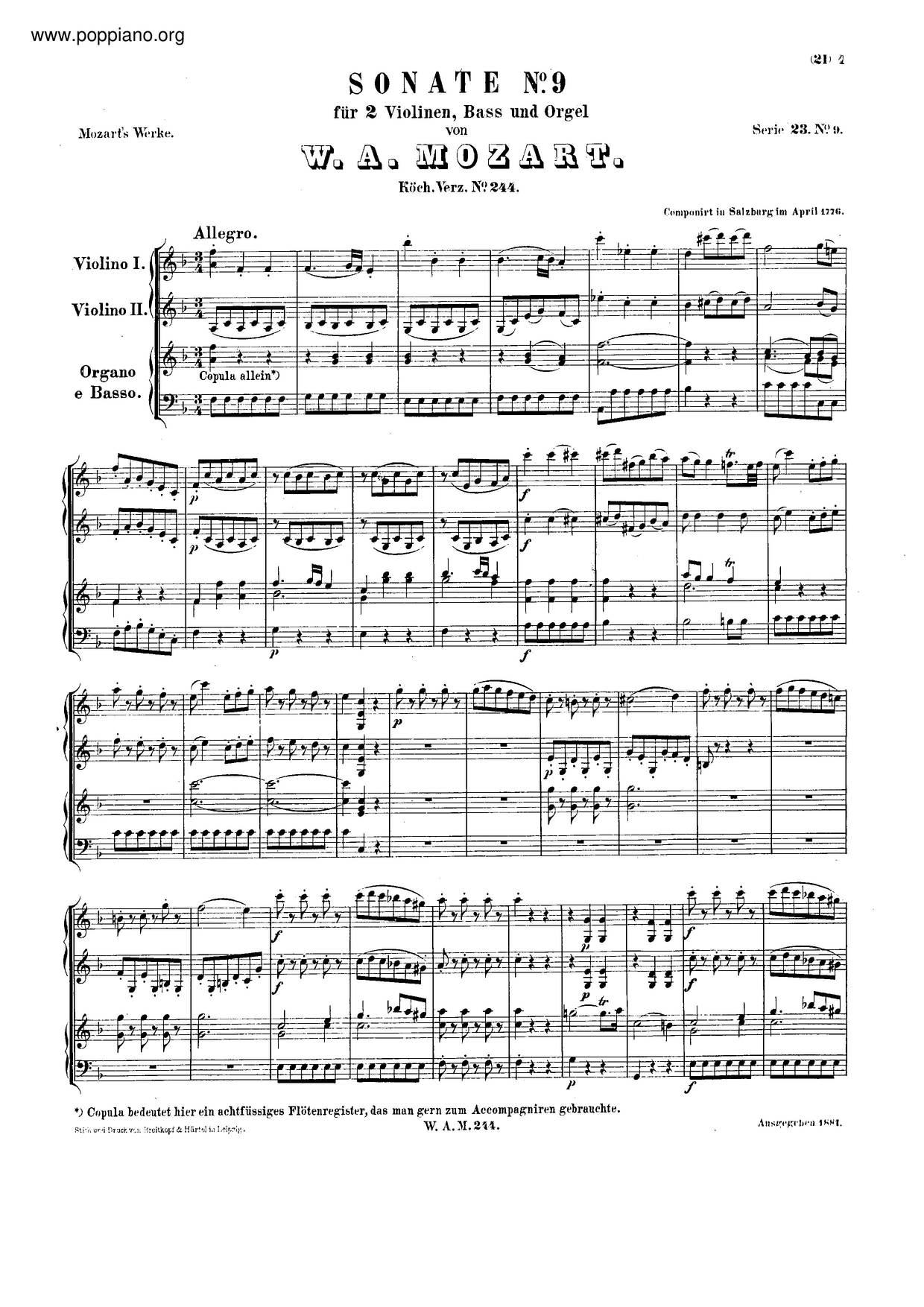 Church Sonata In F Major, K. 244ピアノ譜