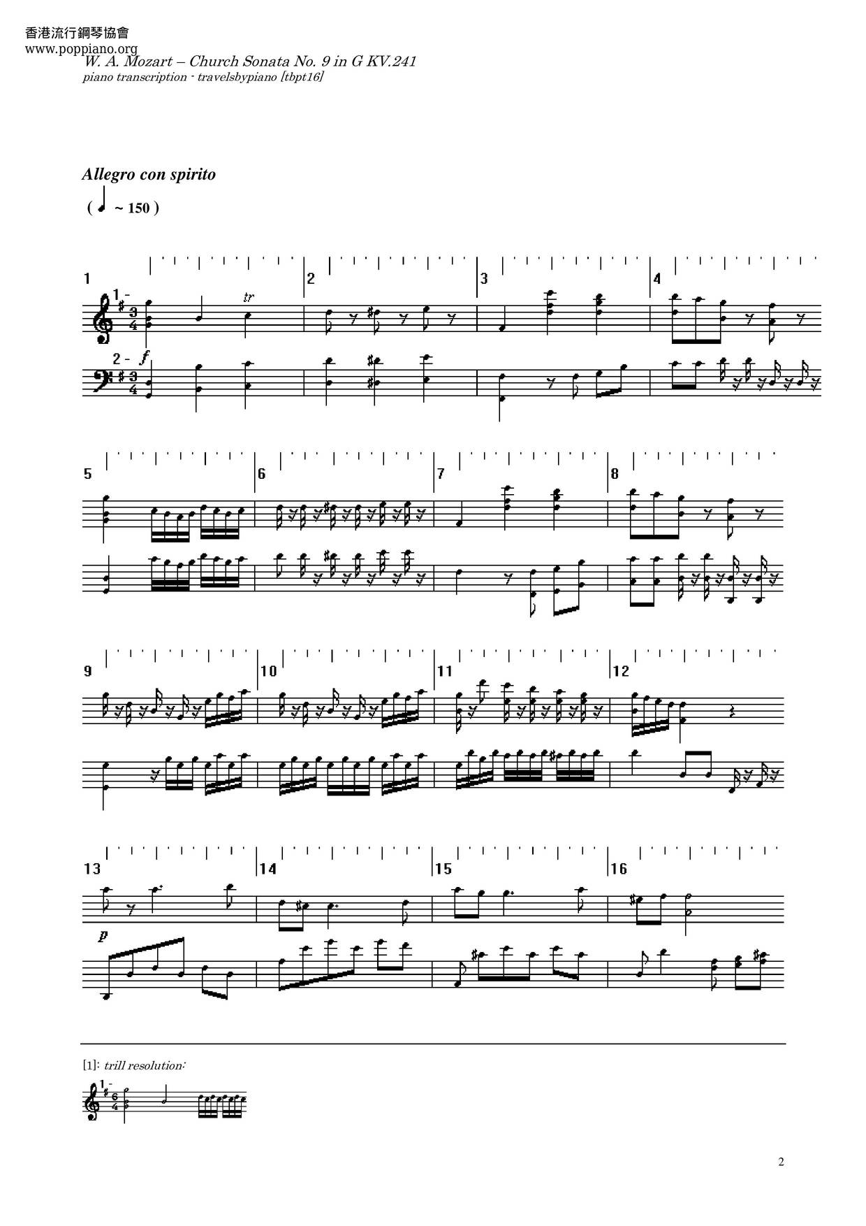 Church Sonata In G Major, K. 241琴譜