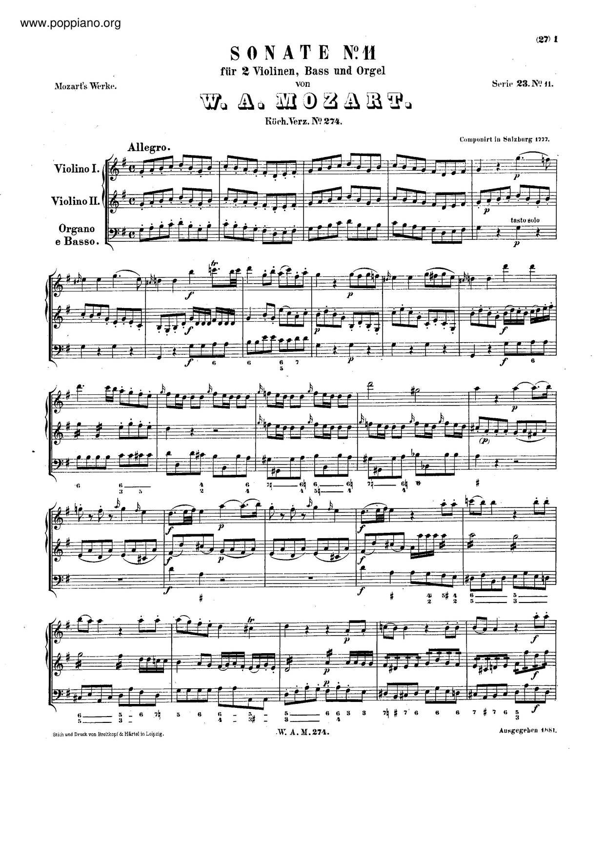 Church Sonata In G Major, K. 274/271D琴谱