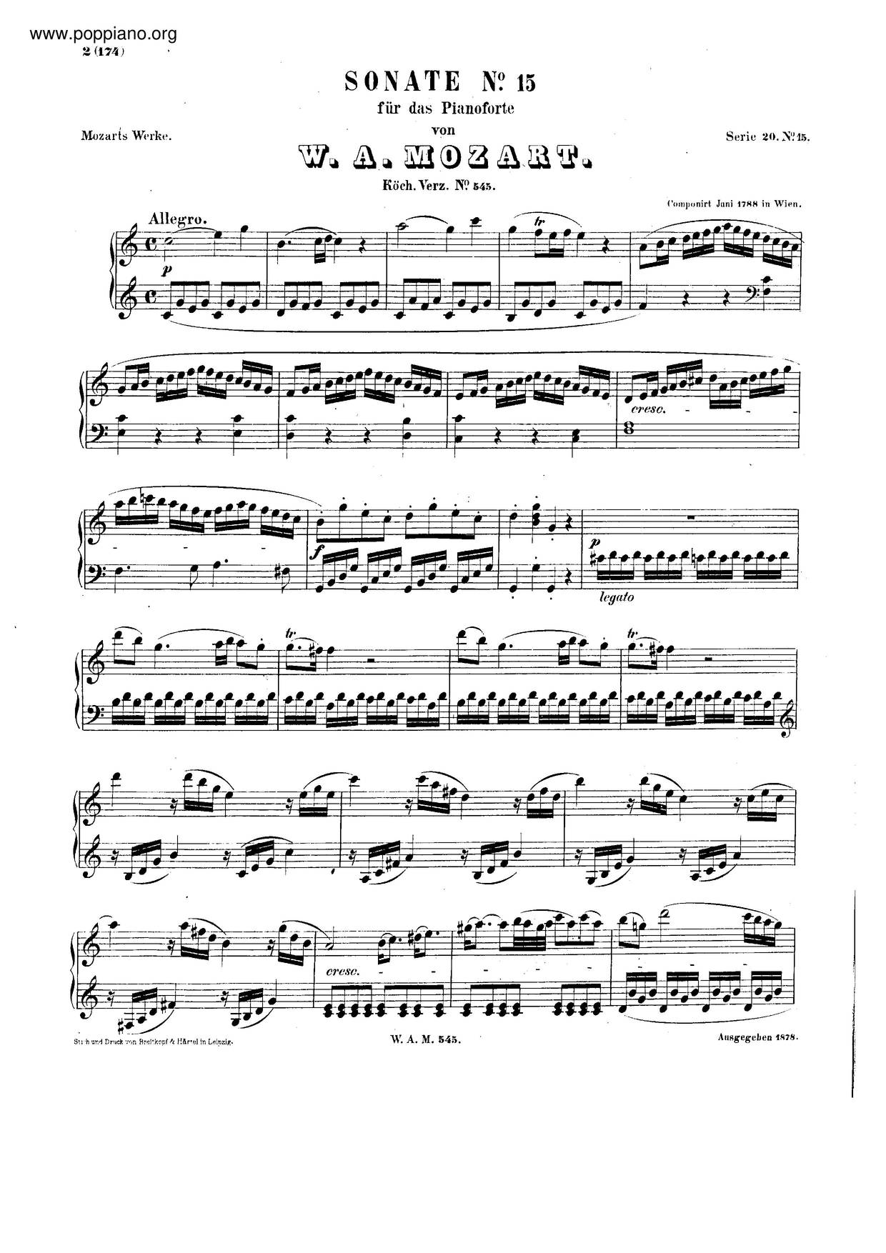 Piano Sonata No. 16 'Facile', K. 545琴譜