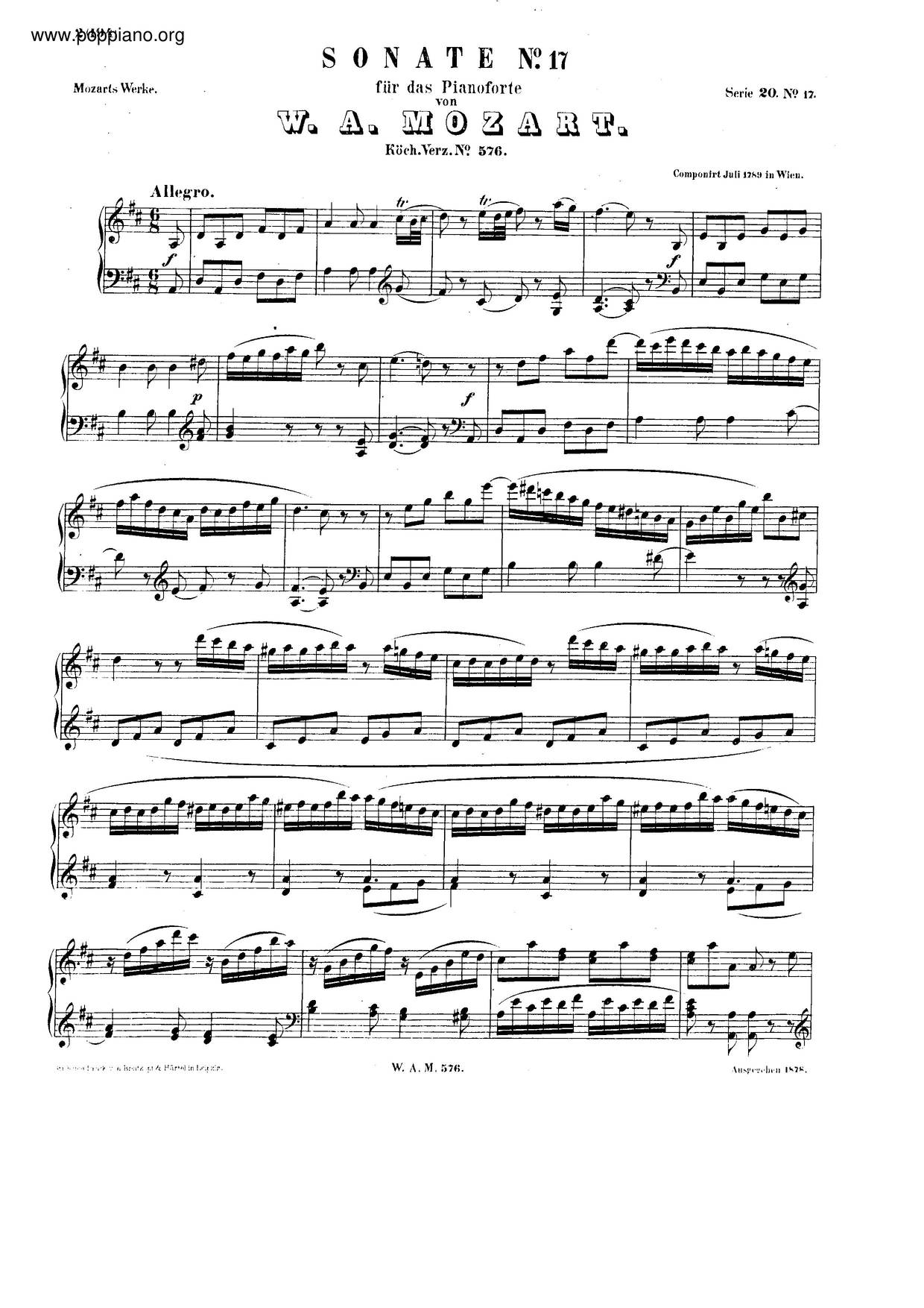 Piano Sonata No. 18, K. 576琴谱