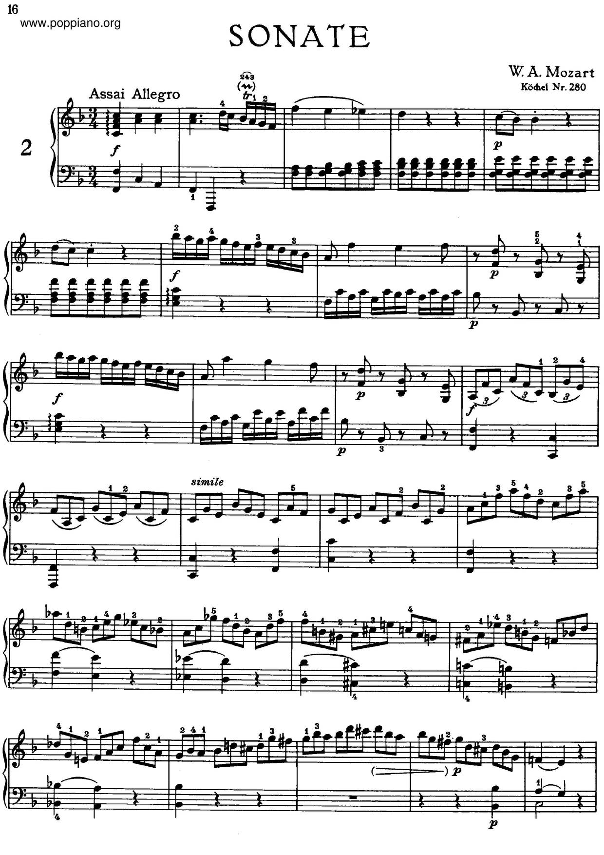 Piano Sonata No. 2 In F Major, K. 280 Score