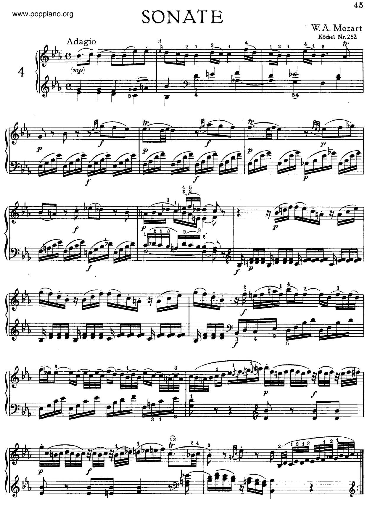 Piano Sonata No. 4 In E-Flat Major, K. 282ピアノ譜
