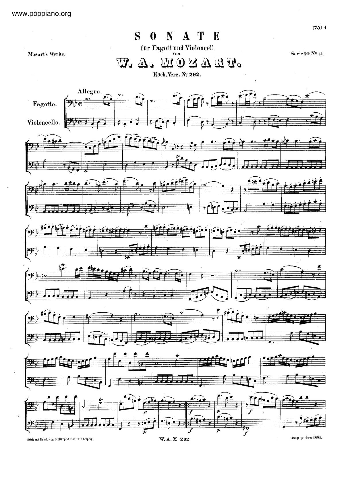 Sonata For Bassoon And Cello In B-Flat Major, K. 292/196Cピアノ譜