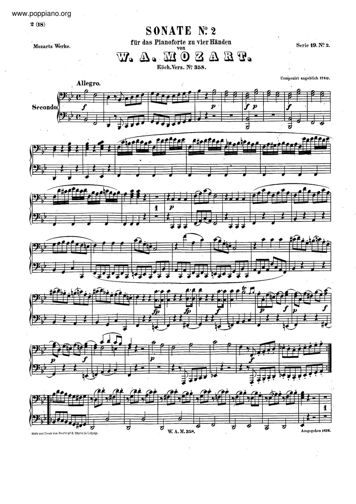 Sonata For Piano Four-Hands In B-Flat Major, K. 358/186Cピアノ譜