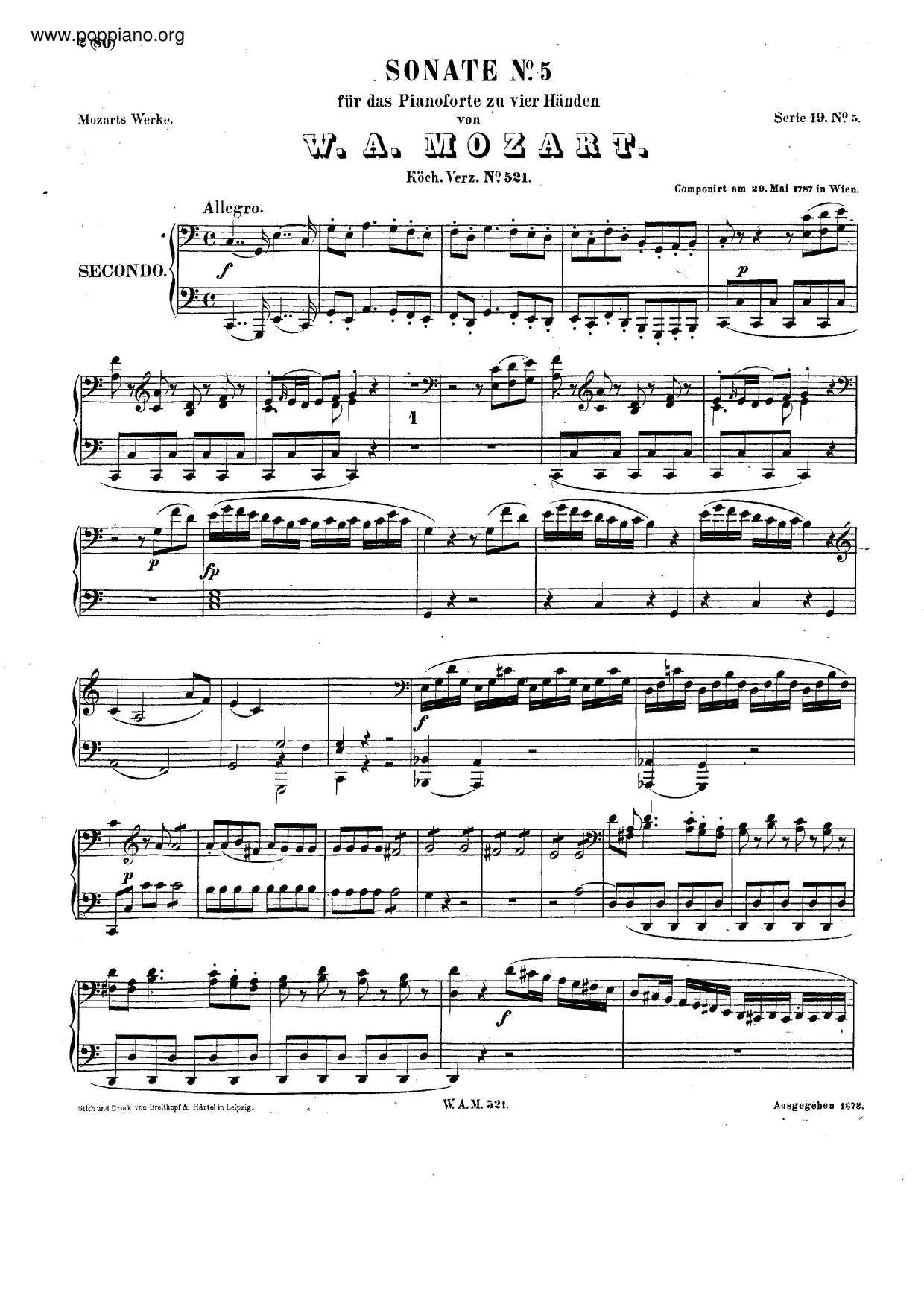 Sonata For Piano Four-Hands In C Major, K. 521琴谱
