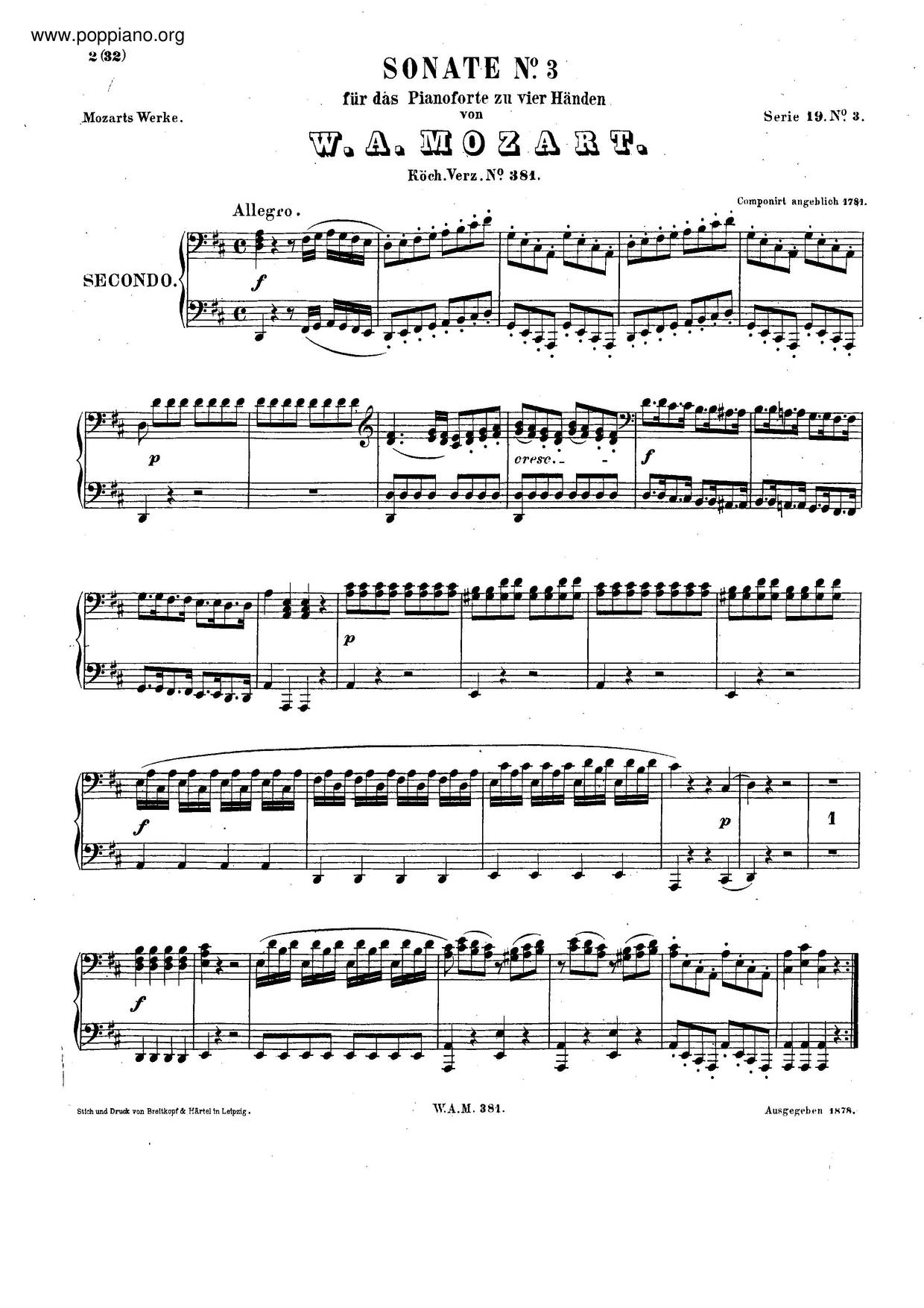 Sonata For Piano Four-Hands In D Major, K. 381/123Aピアノ譜