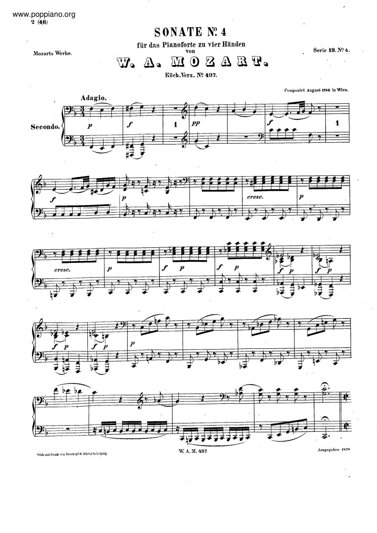Sonata For Piano Four-Hands In F Major, K. 497琴谱