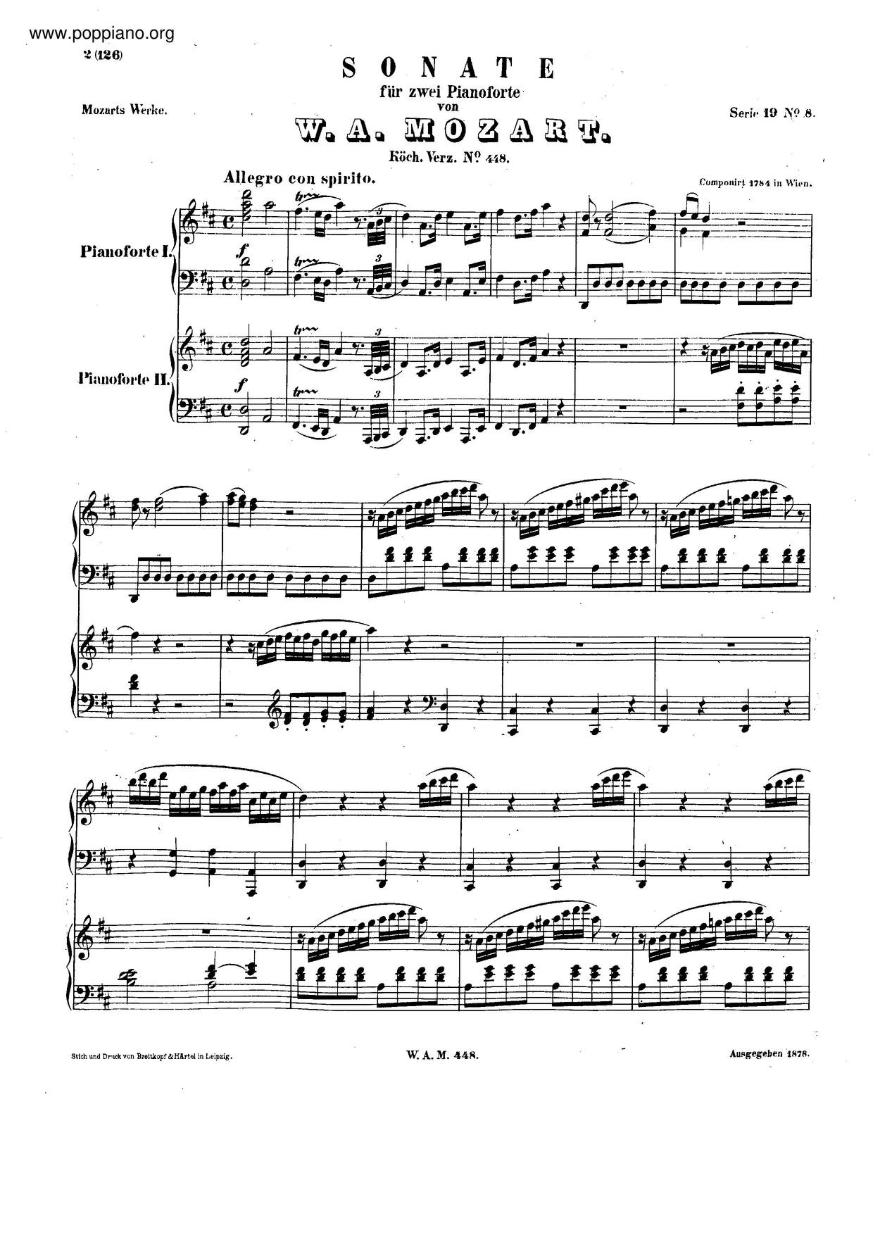 Sonata For Two Pianos In D Major, K. 448/375Aピアノ譜
