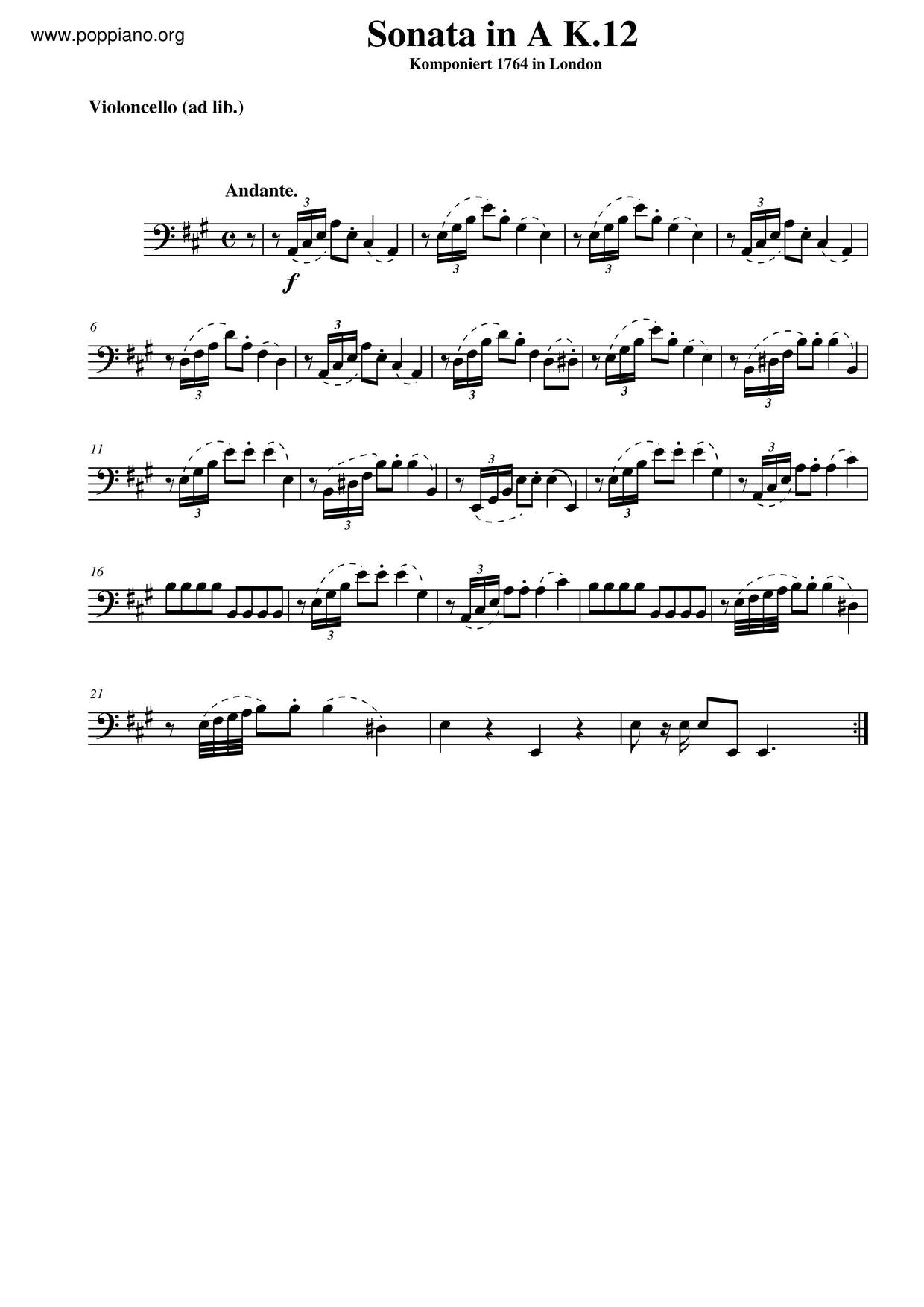 Violin Sonata In A Major, K. 12琴譜