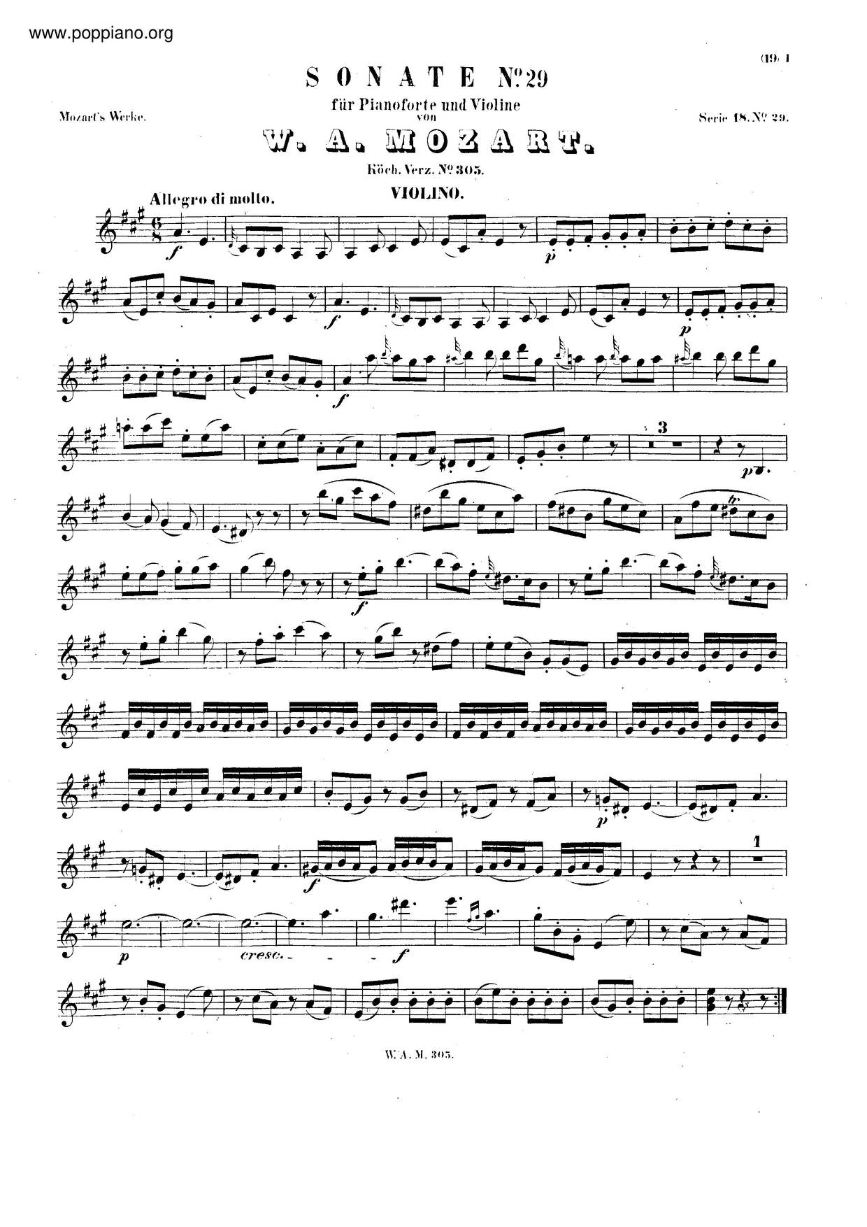 Violin Sonata In A Major, K. 305/293D Score