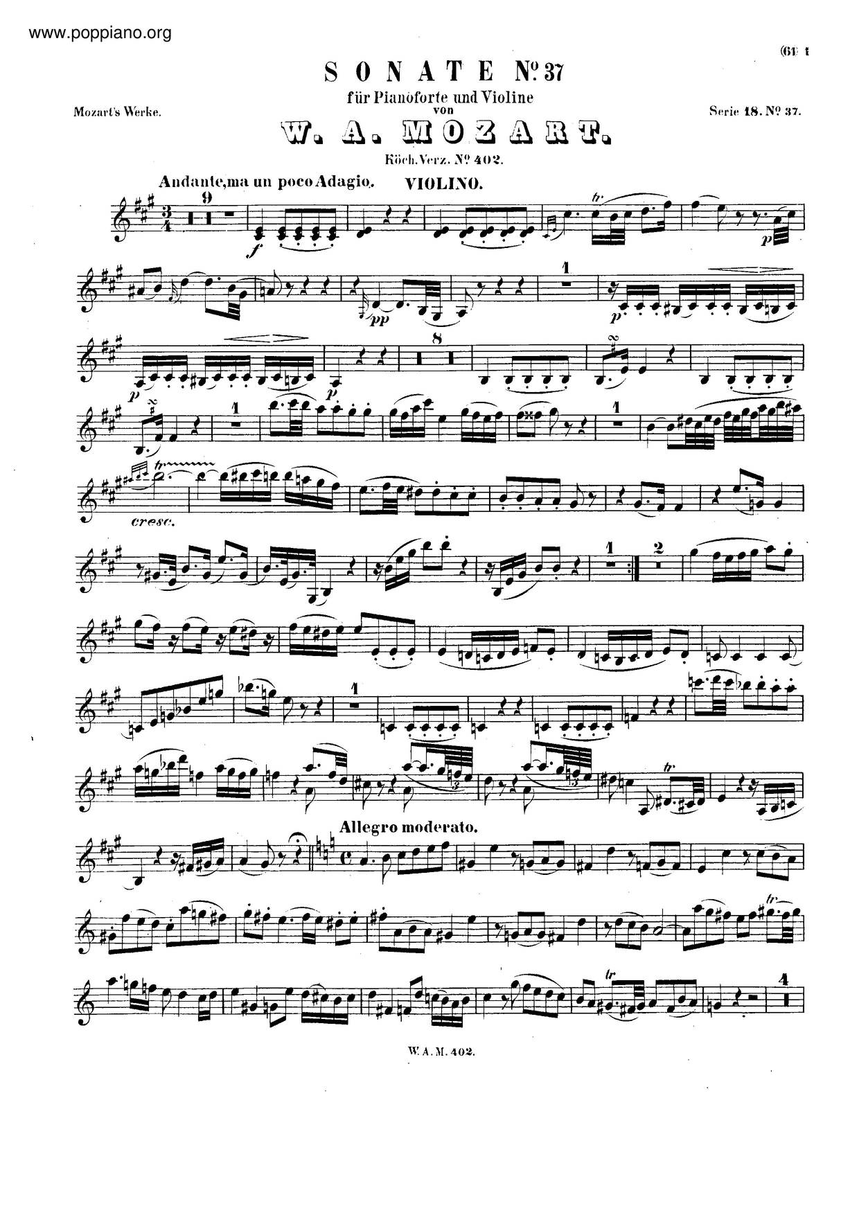Violin Sonata In A Major, K. 402/385E Score