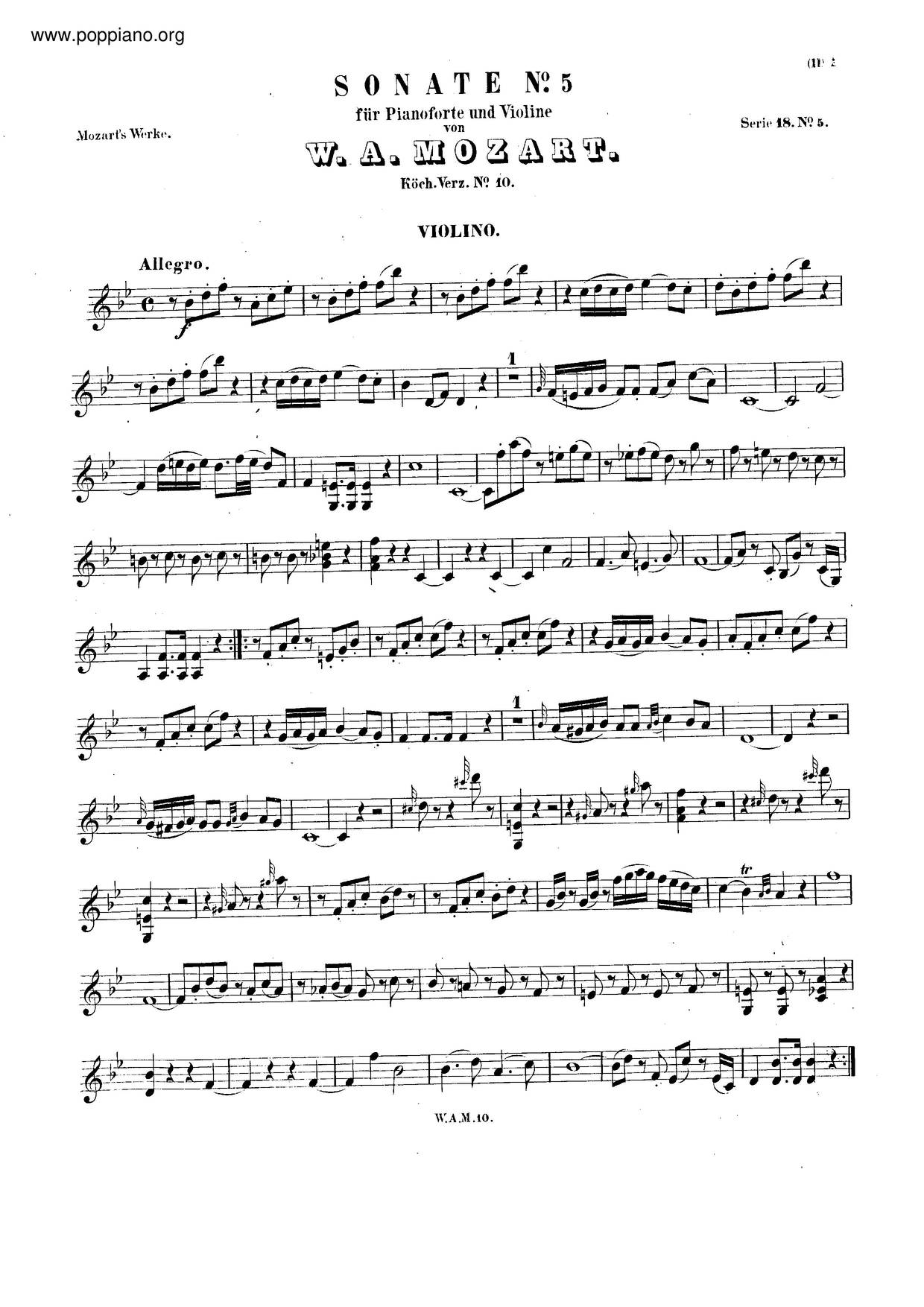Violin Sonata In B-Flat Major, K. 10ピアノ譜