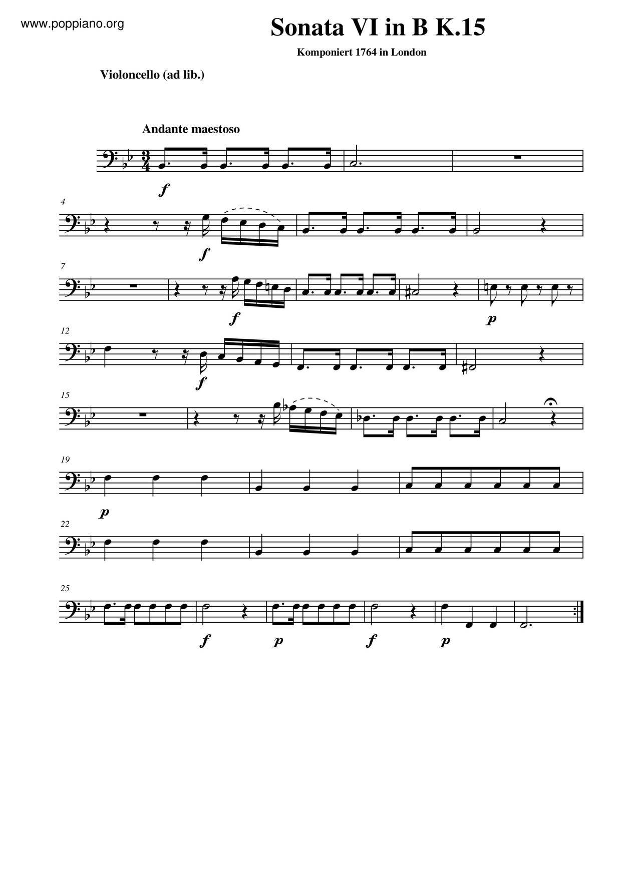 Violin Sonata In B-Flat Major, K. 15琴谱