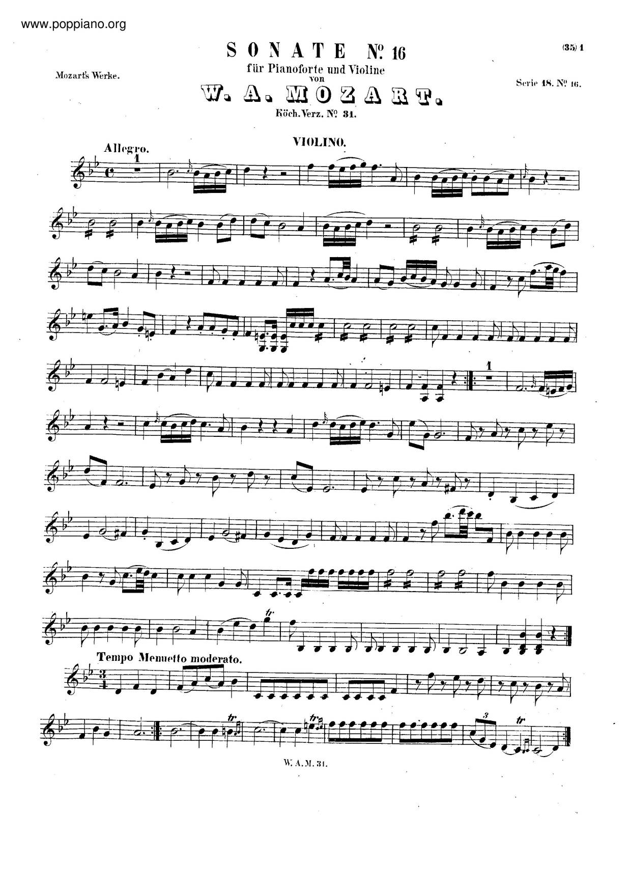 Violin Sonata In B-Flat Major, K. 31琴谱