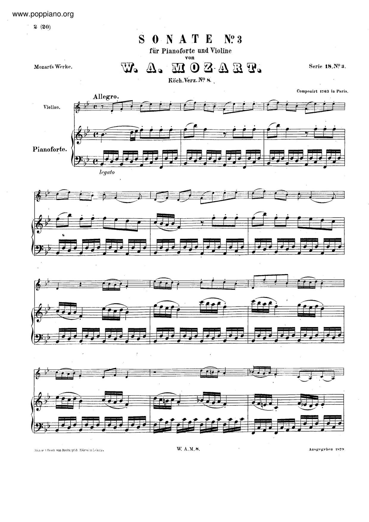 Violin Sonata In B-Flat Major, K. 8琴谱