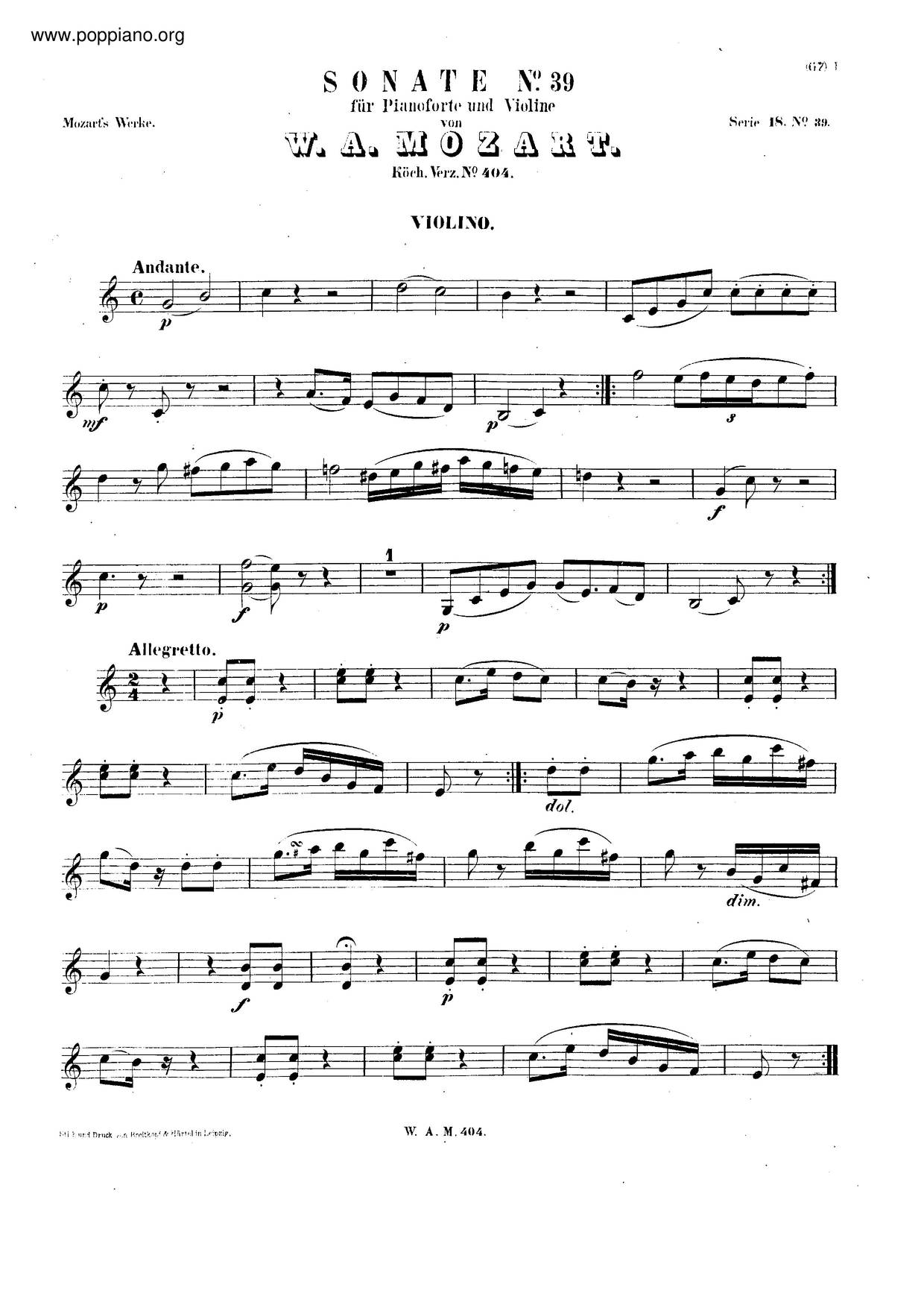 Violin Sonata In C Major, K. 404/385Dピアノ譜