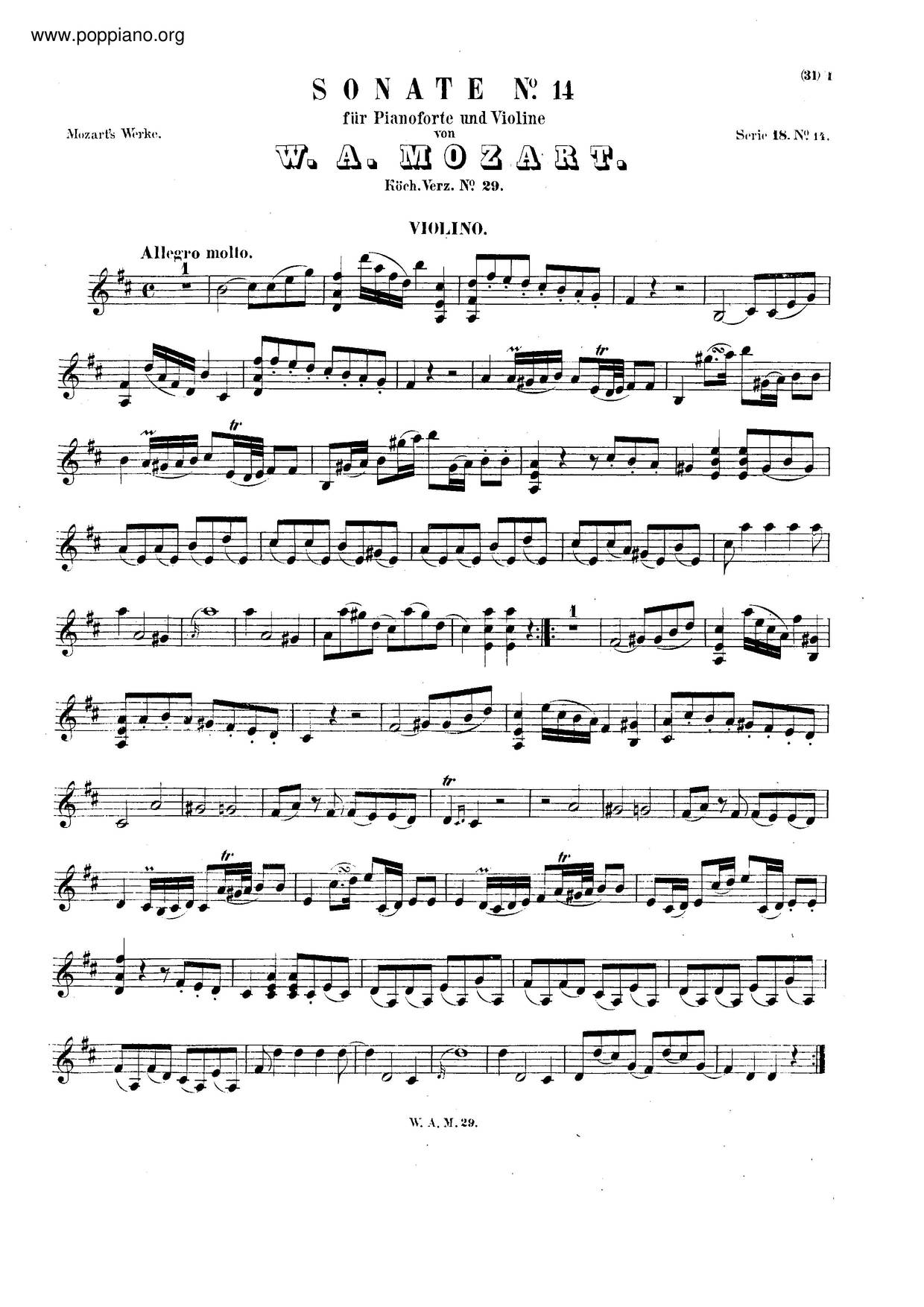 Violin Sonata In D Major, K. 29 Score