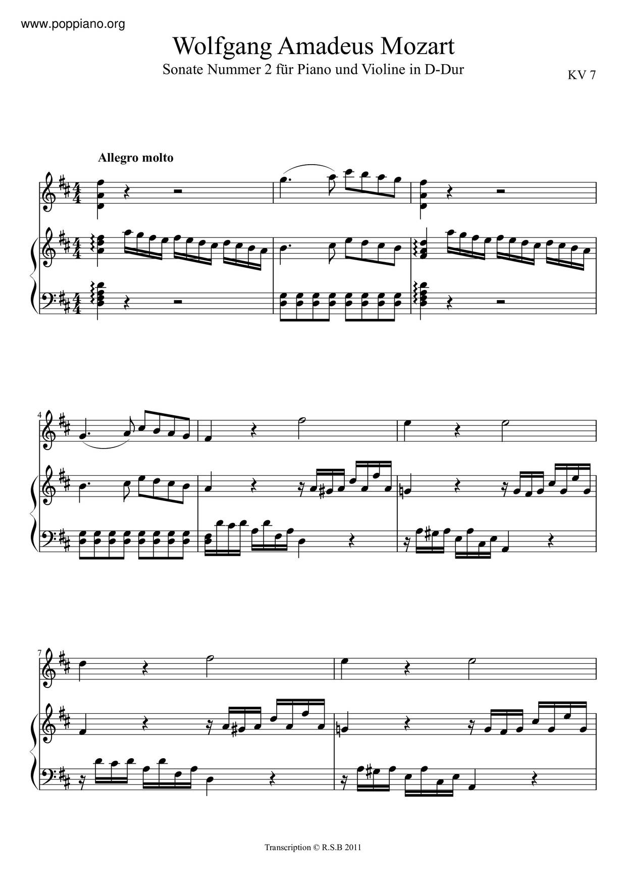 Violin Sonata In D Major, K. 7琴譜