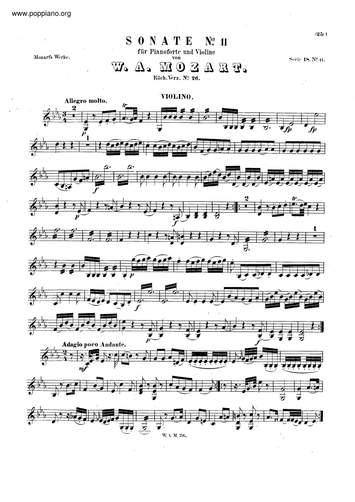 Violin Sonata In E-Flat Major, K. 26琴谱