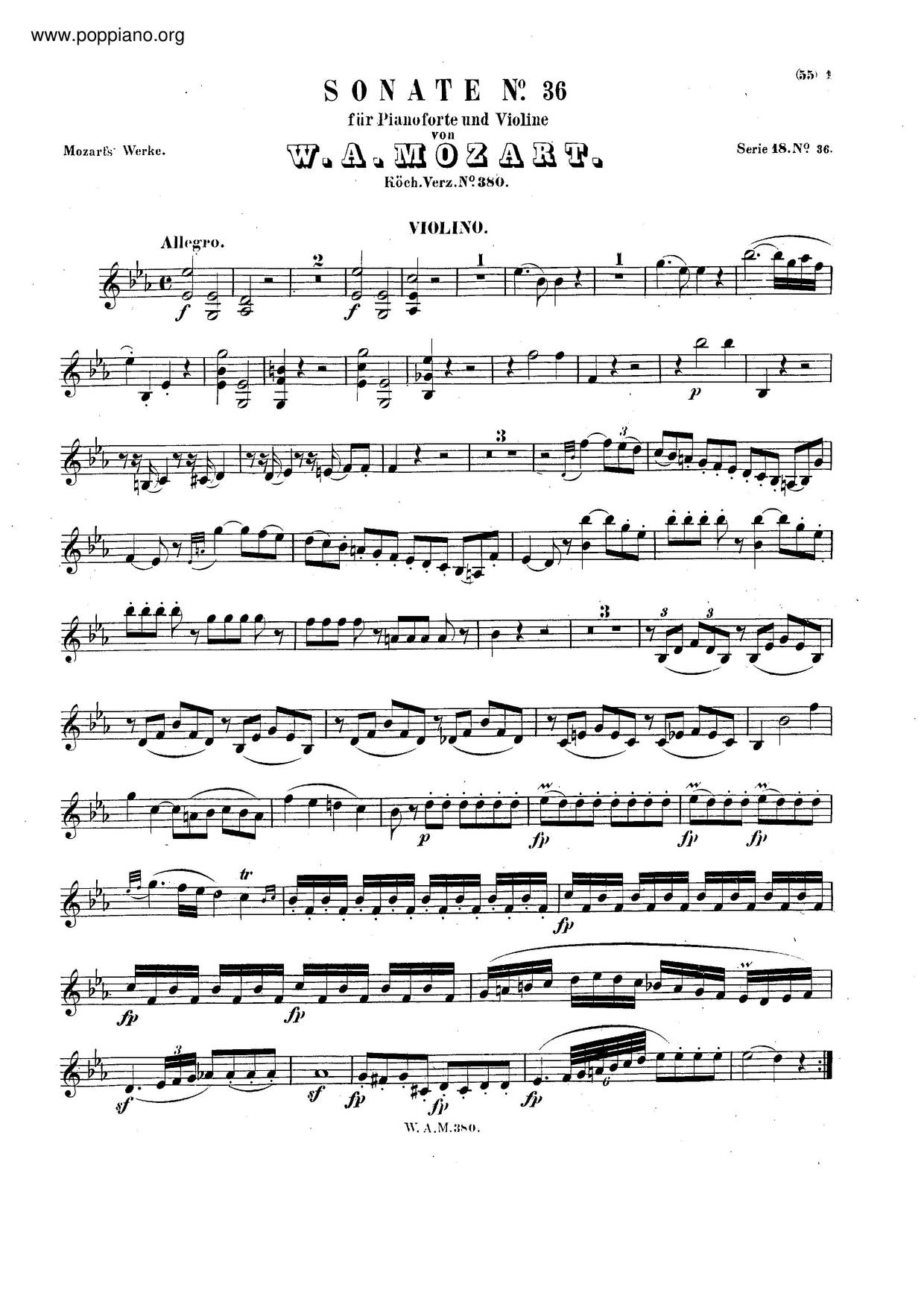 Violin Sonata In E-Flat Major, K. 380/374F Score