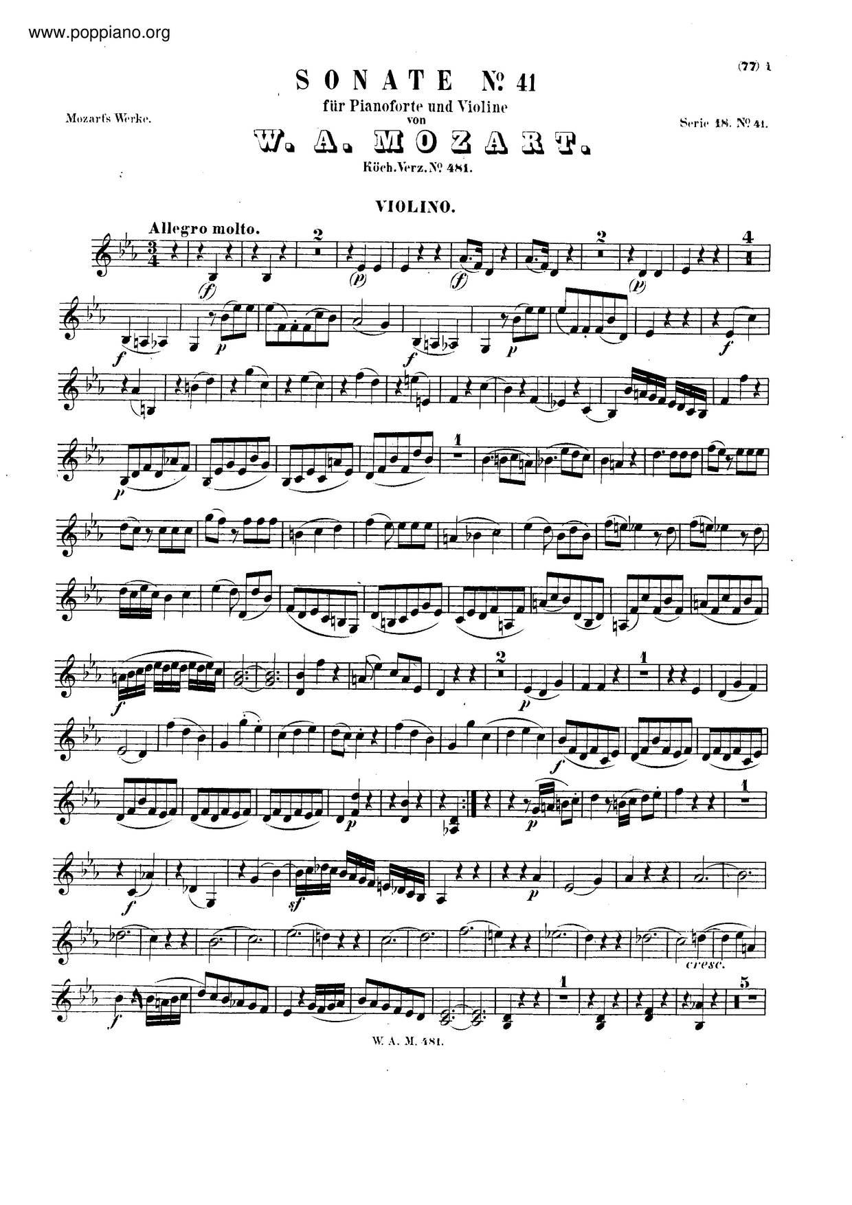 Violin Sonata In E-Flat Major, K. 481琴谱
