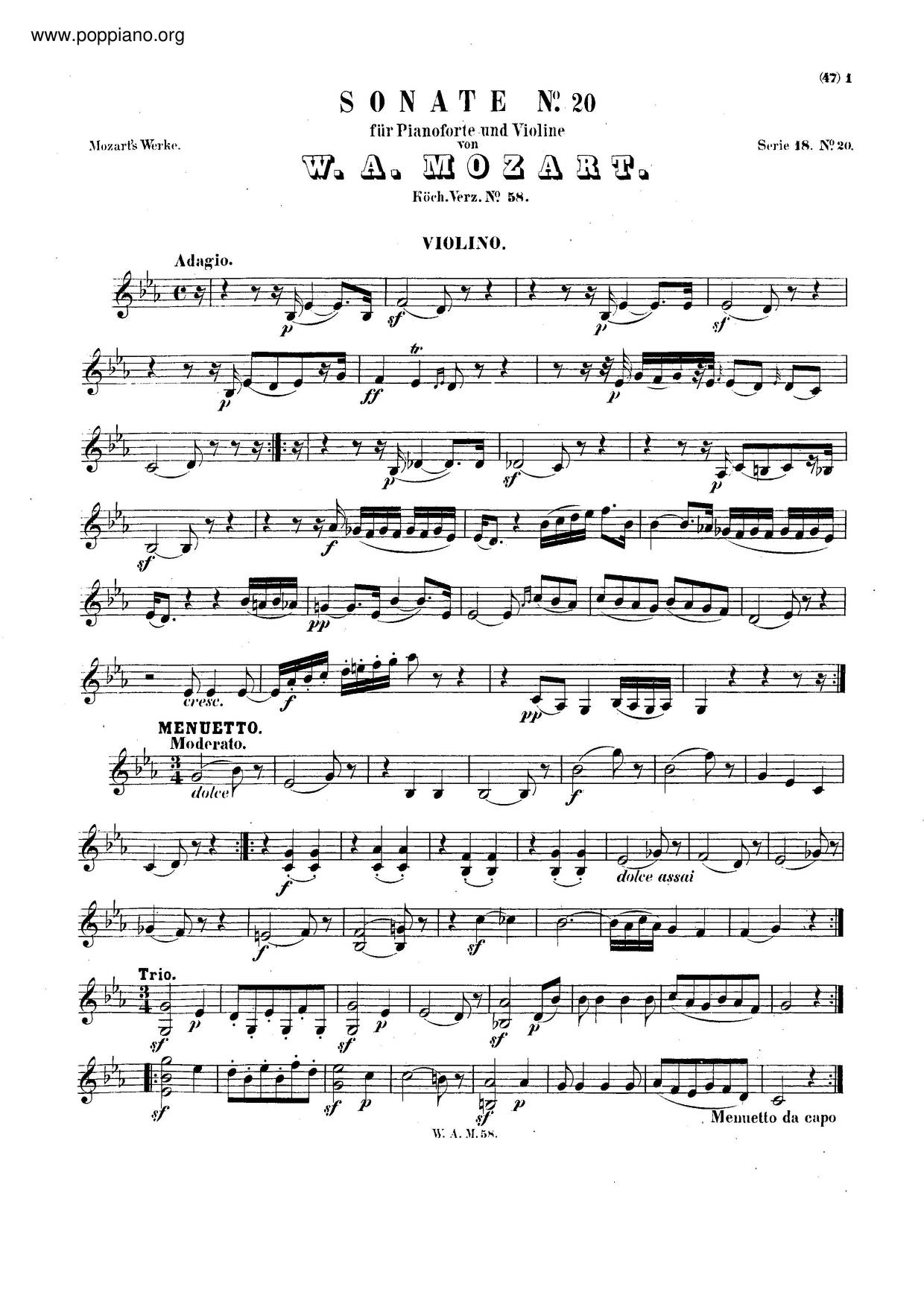 Violin Sonata In E-Flat Major, K. 58/Anh. C 23.04琴譜