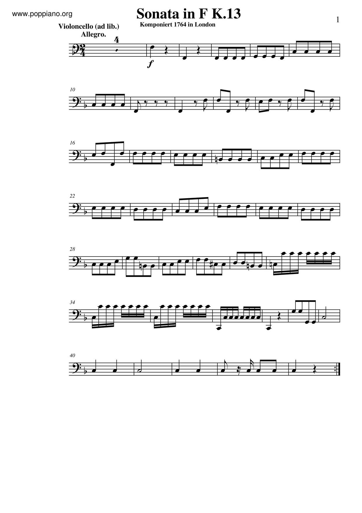 Violin Sonata In F Major, K. 13琴譜