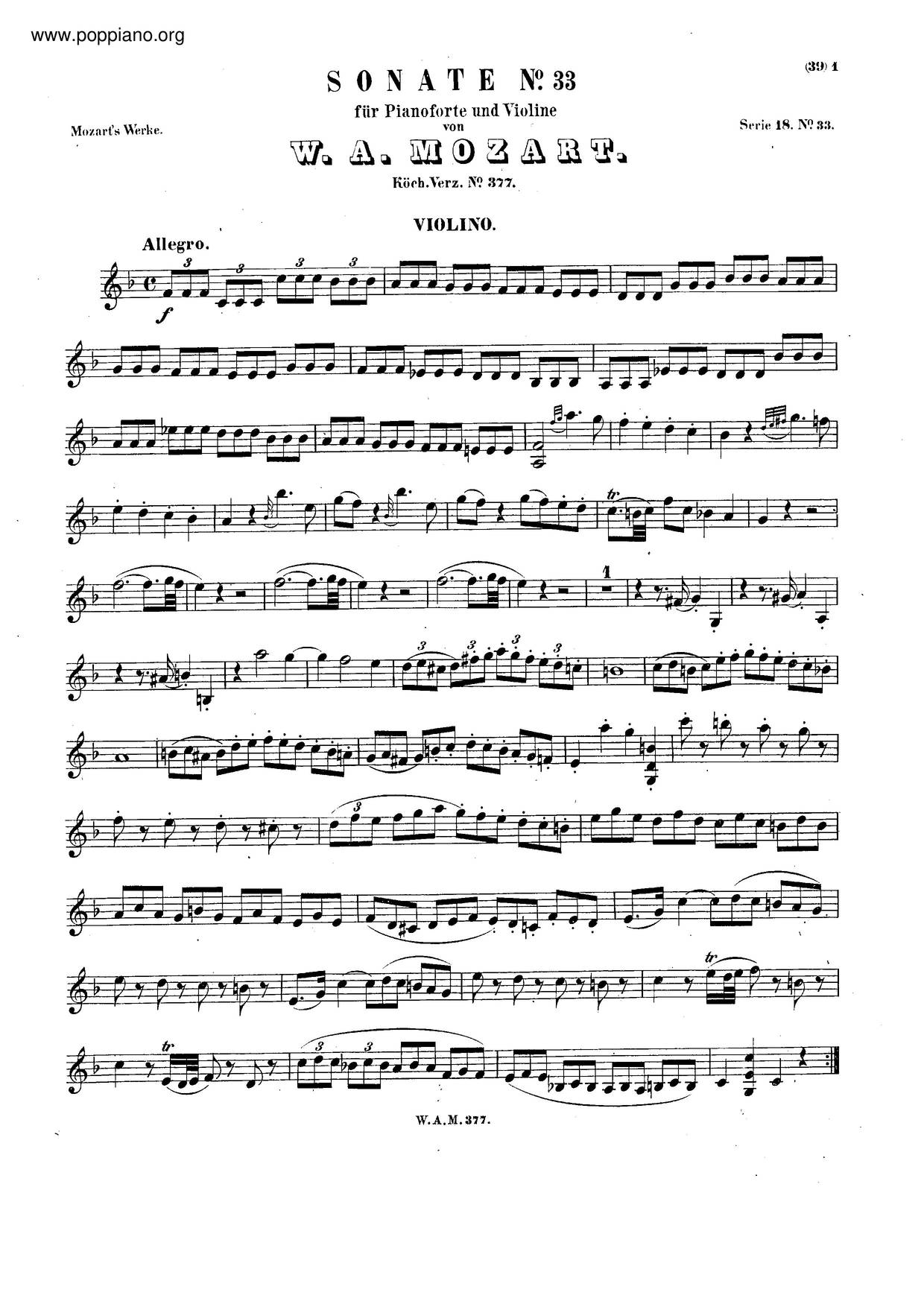 Violin Sonata In F Major, K. 377/374E琴谱