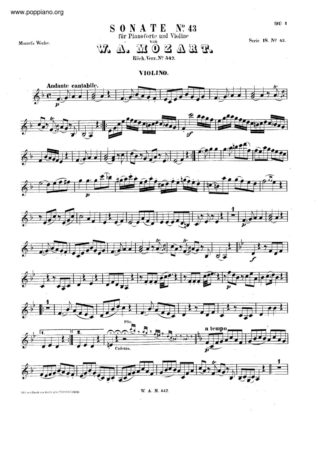 Violin Sonata In F Major, K. 547琴谱