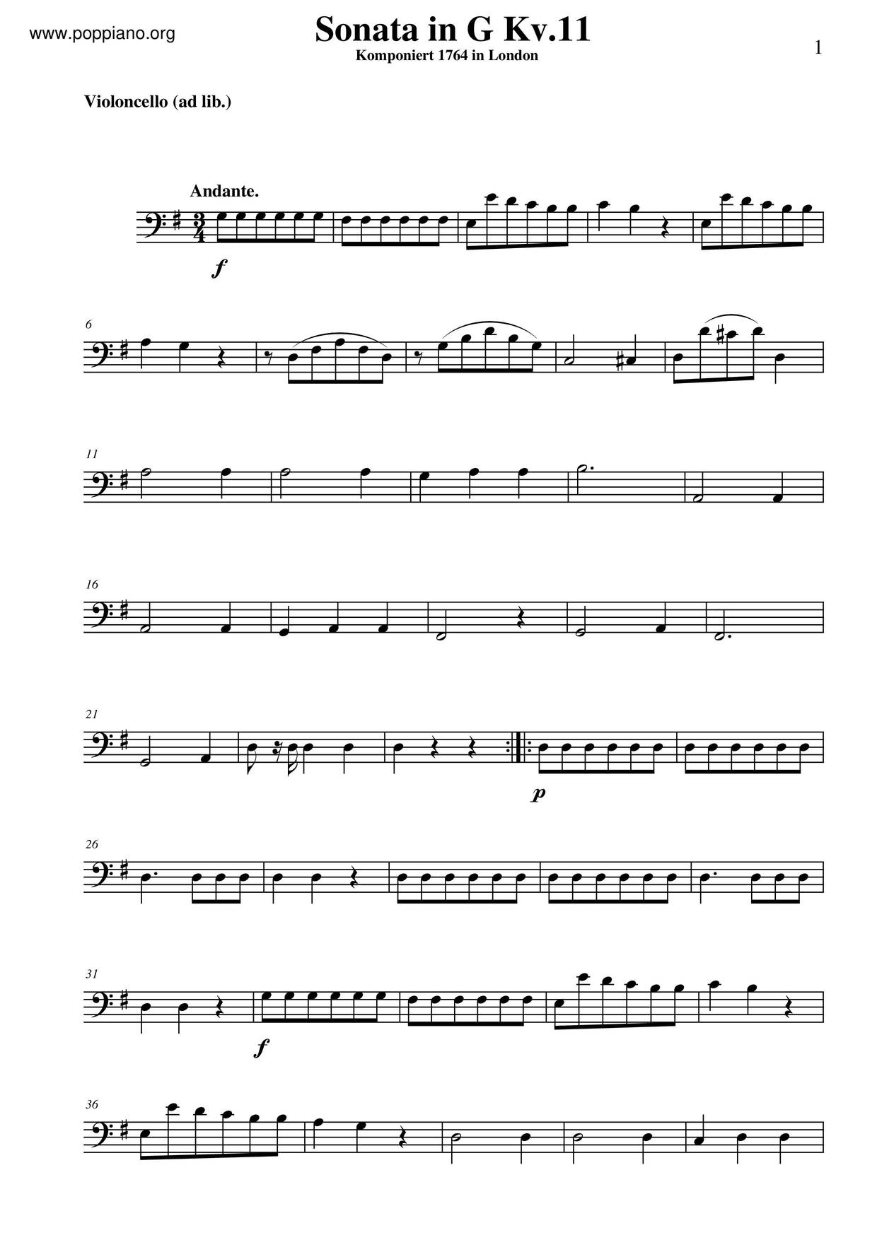 Violin Sonata In G Major, K. 11 Score