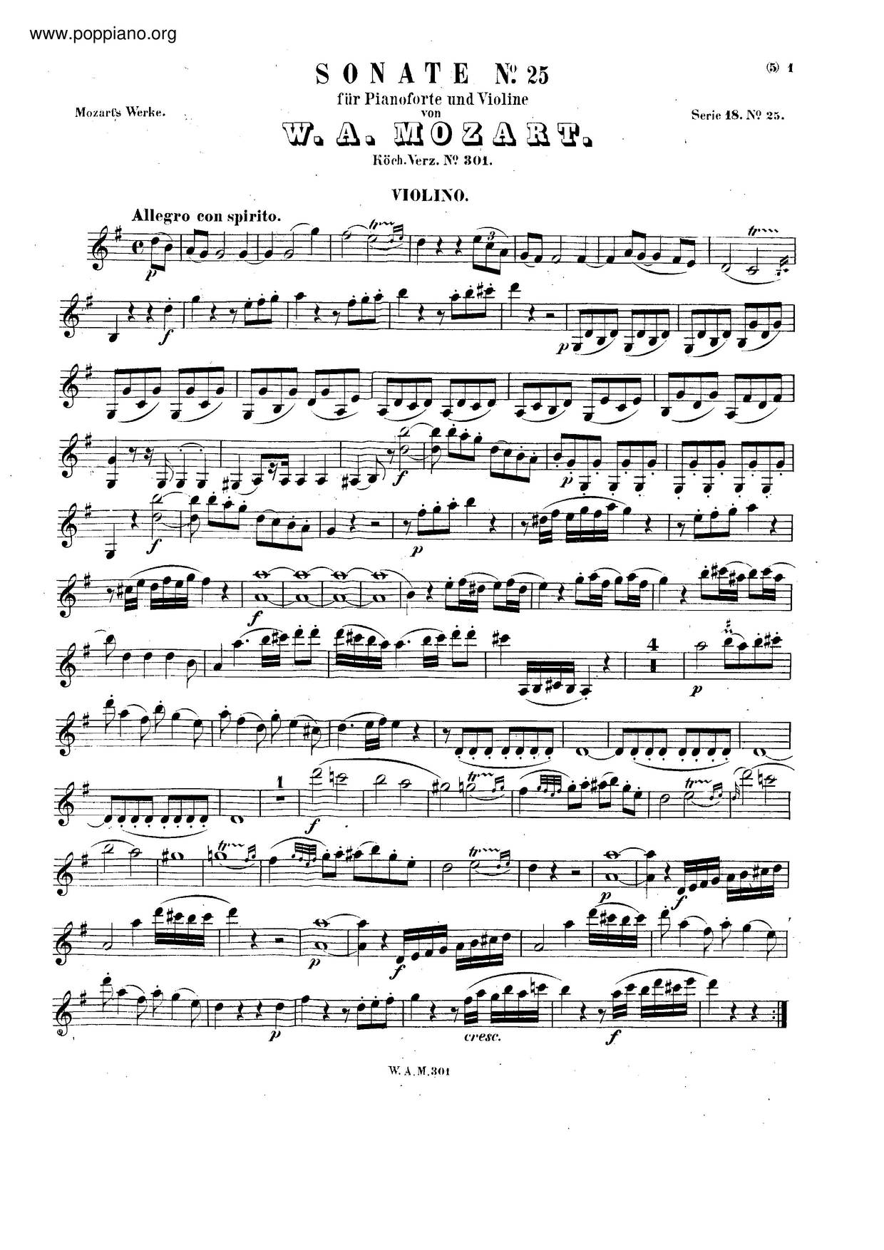Violin Sonata No. 18, K. 301琴谱