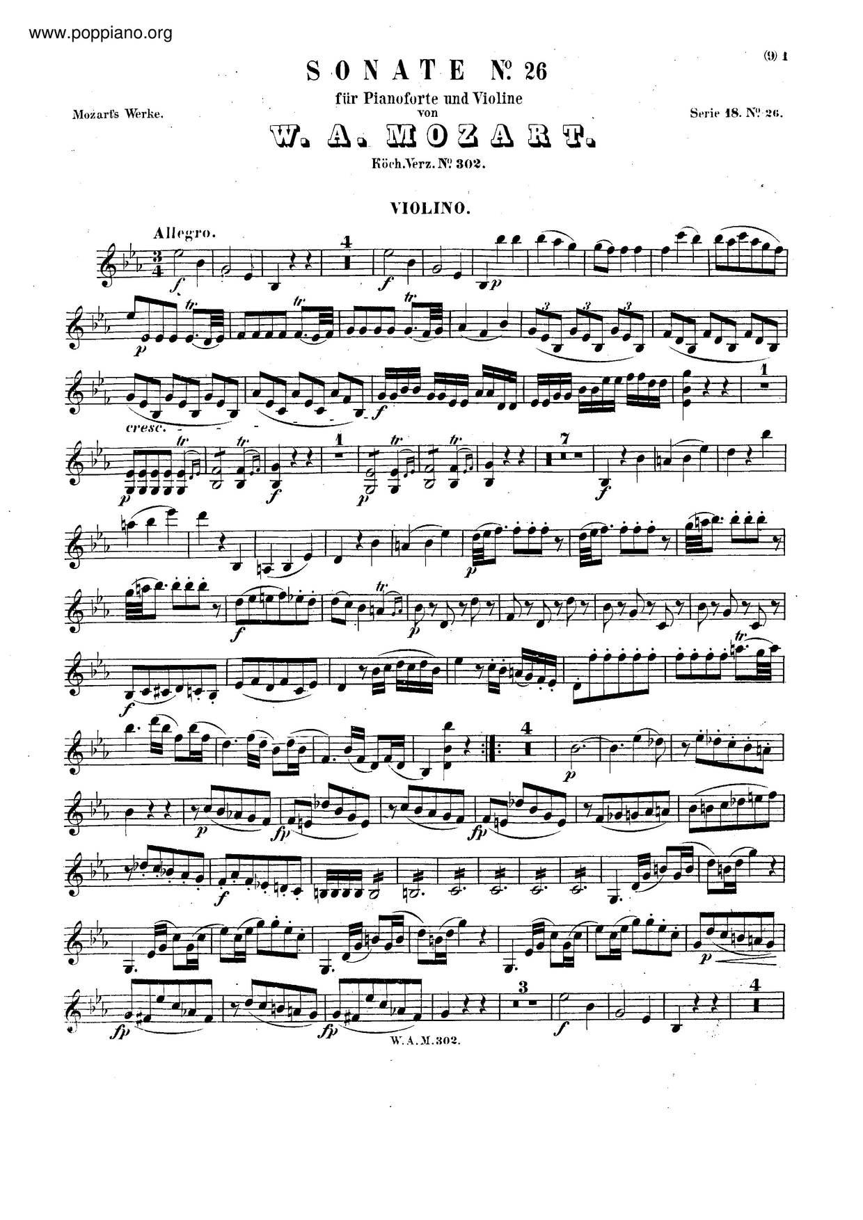 Violin Sonata No. 19, K. 302 Score