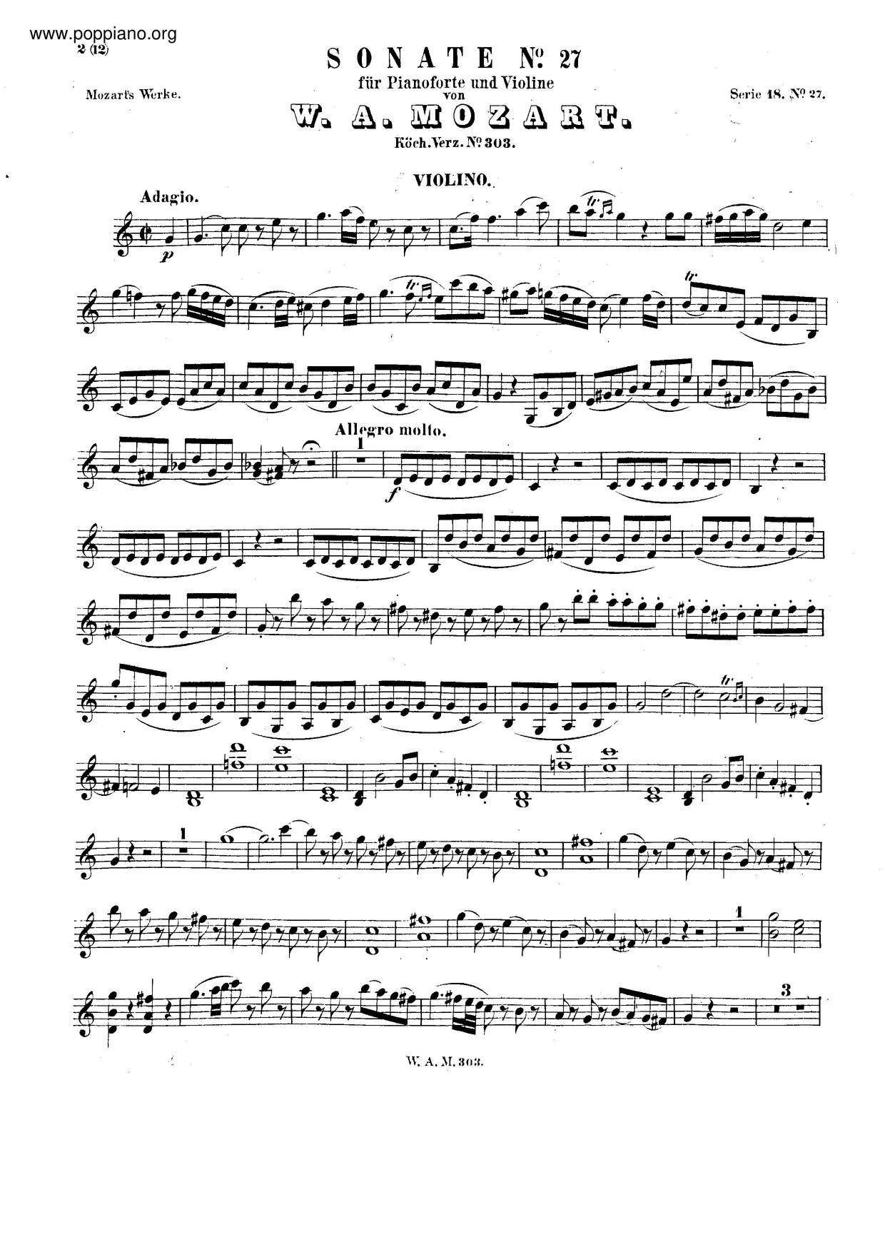 Violin Sonata No. 20, K. 303琴譜