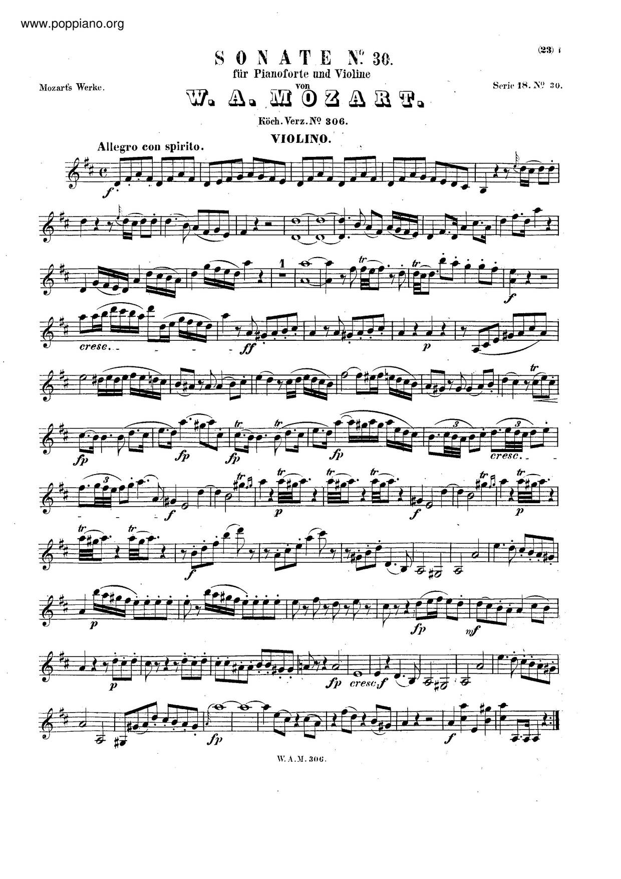 Violin Sonata No. 23, K. 306琴谱