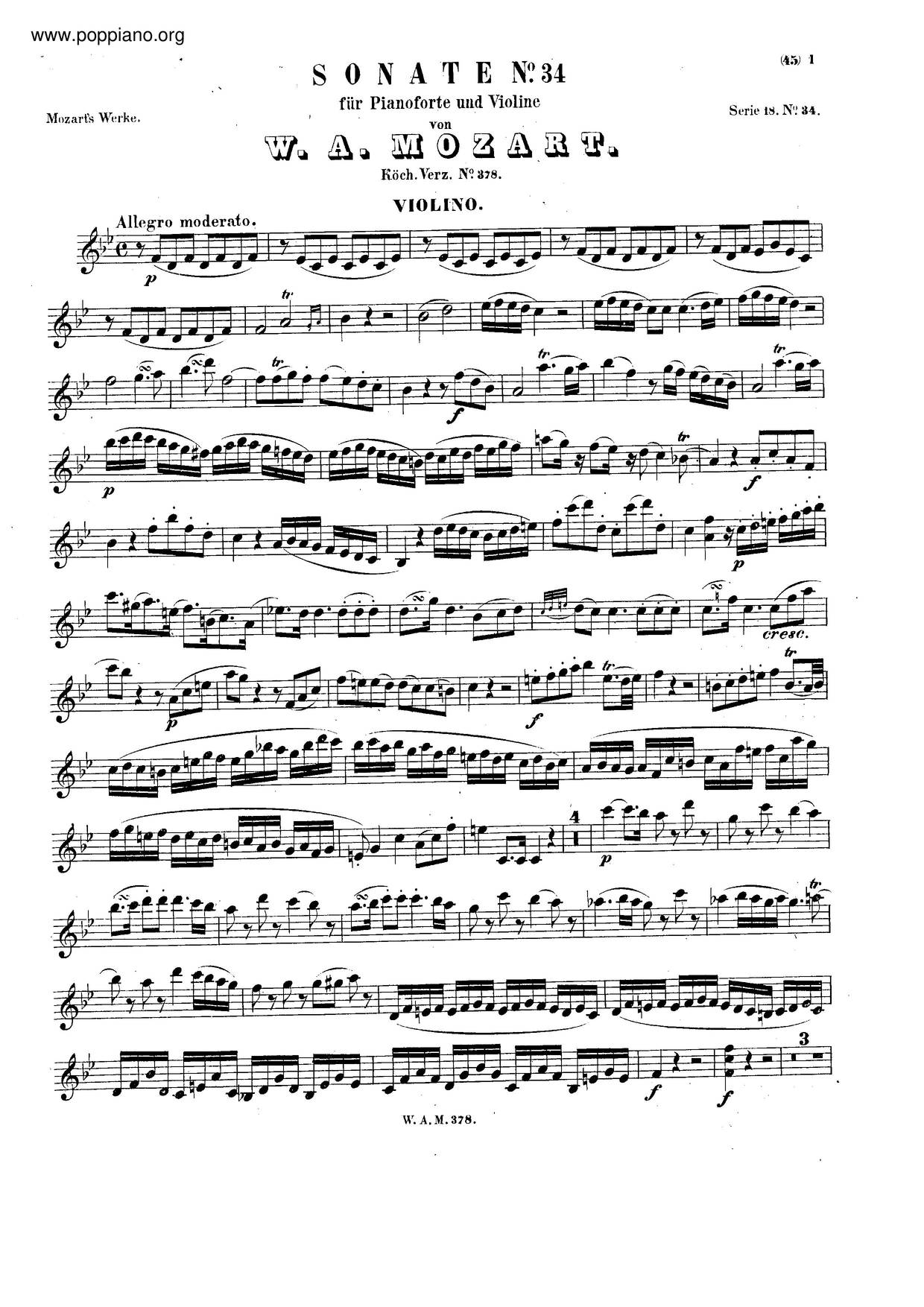 Violin Sonata No. 26 In B-Flat Major, K. 378 Score