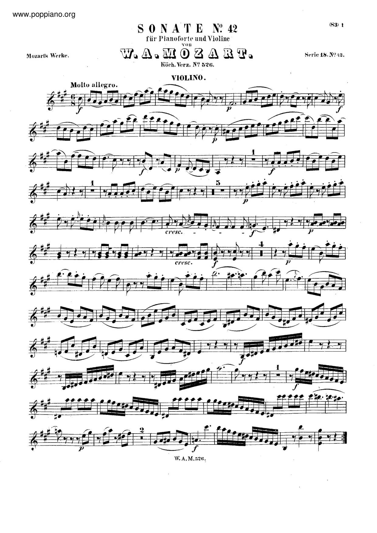 Violin Sonata No. 35 In A Major, K. 526琴譜