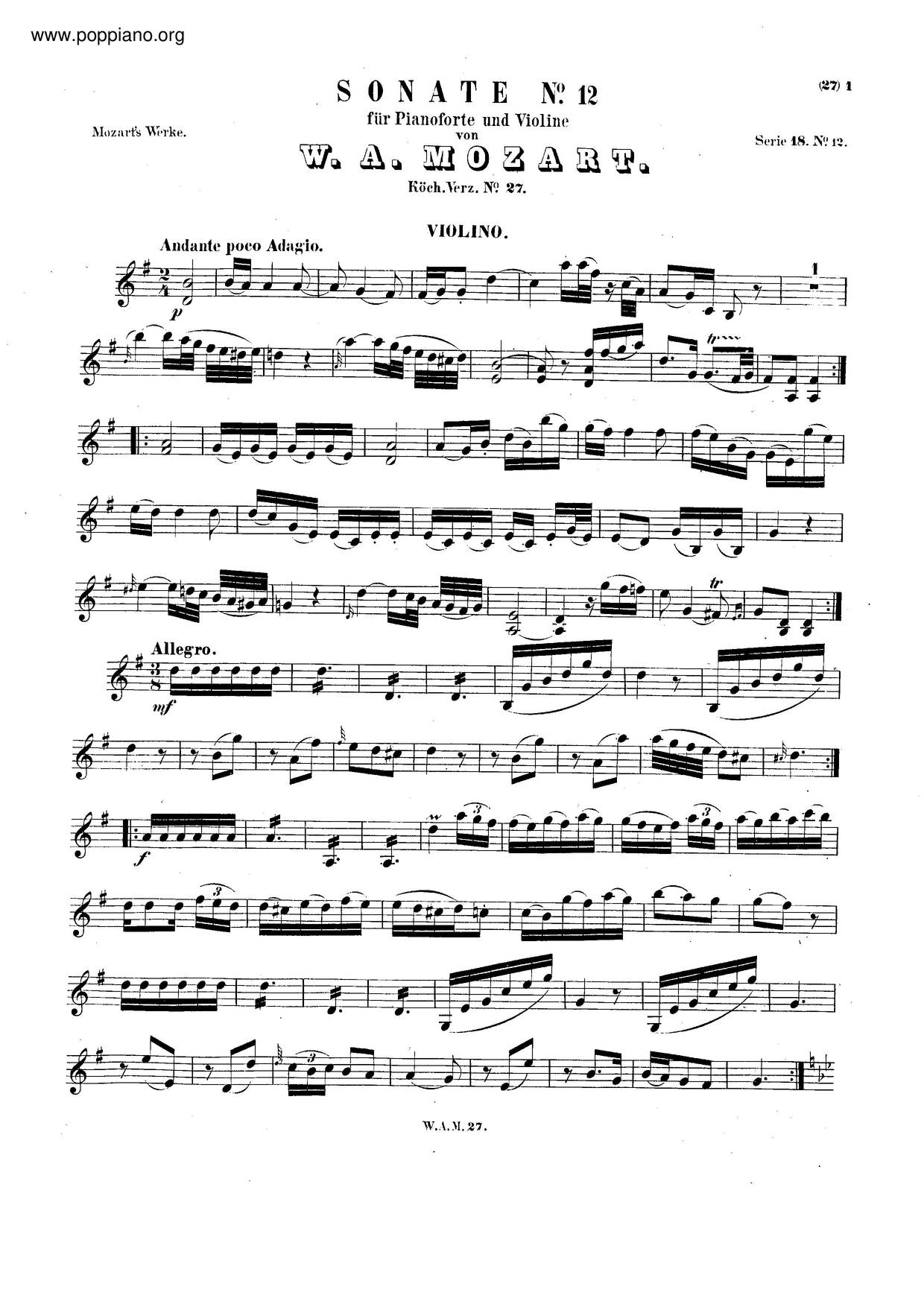 Violin Sonata In G Major, K. 27 Score