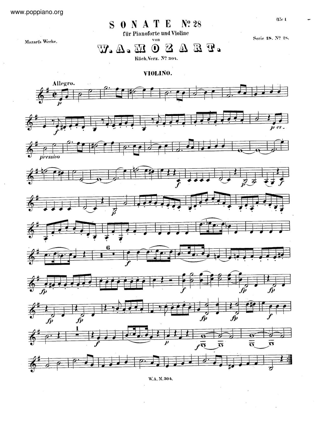 Violin Sonata No. 21, K. 304琴谱
